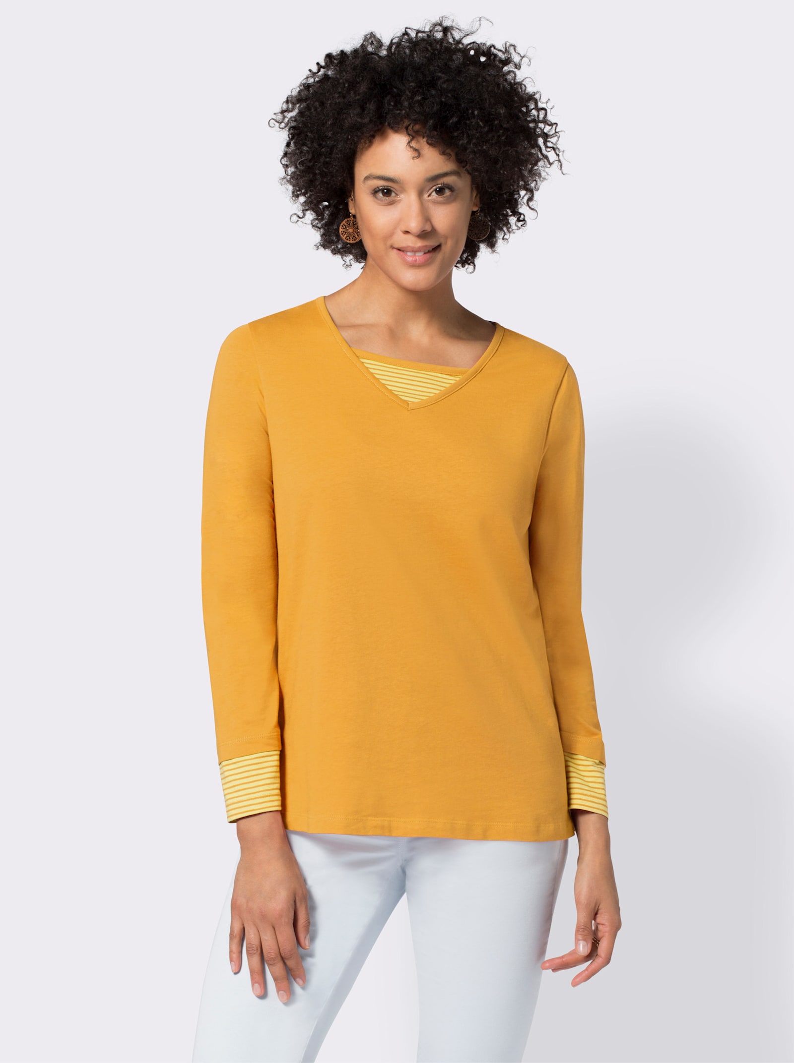 Langarmshirt mit garngefärbten Streifen - curry