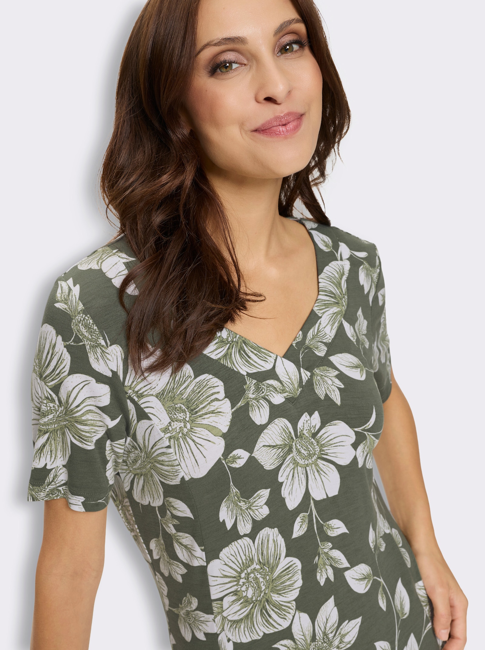 Jerseykleid in A-Linie - khaki-weiß-bedruckt
