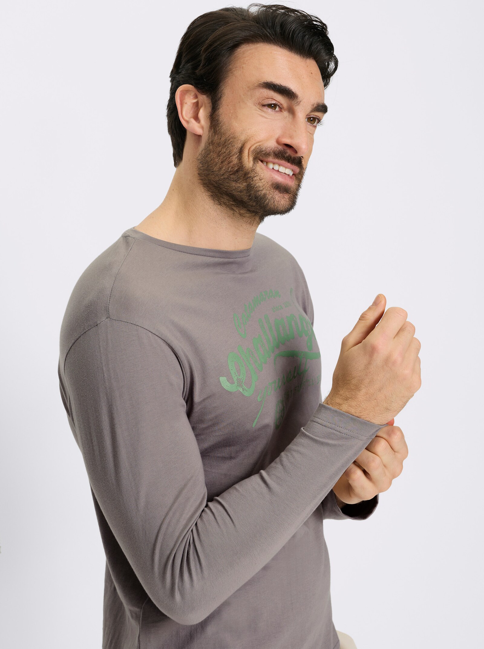 Catamaran Langarmshirt mit Front-Print - grau-eucalyptus-bedruckt
