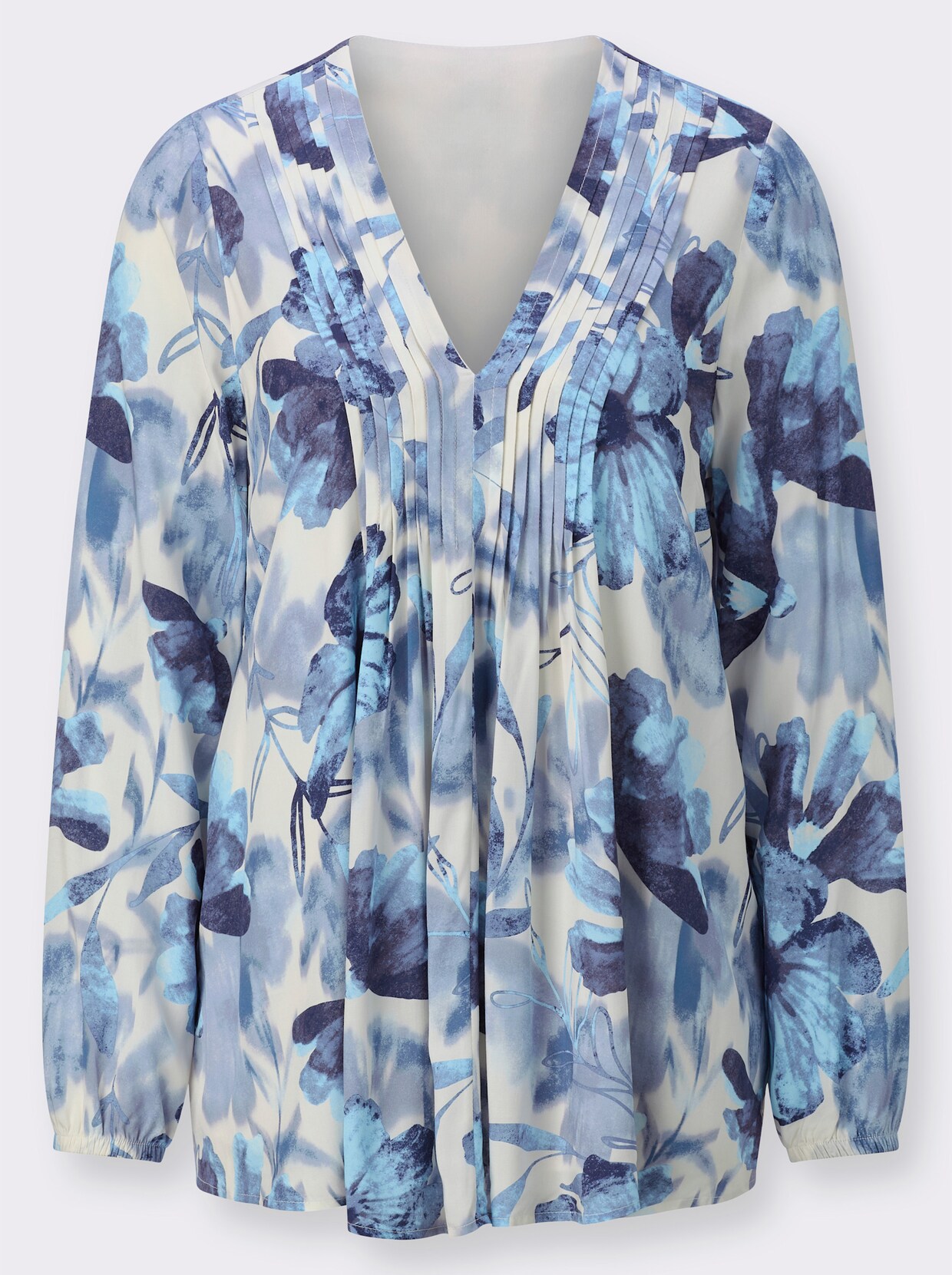 Druckbluse - champagner-jeansblau-bedruckt