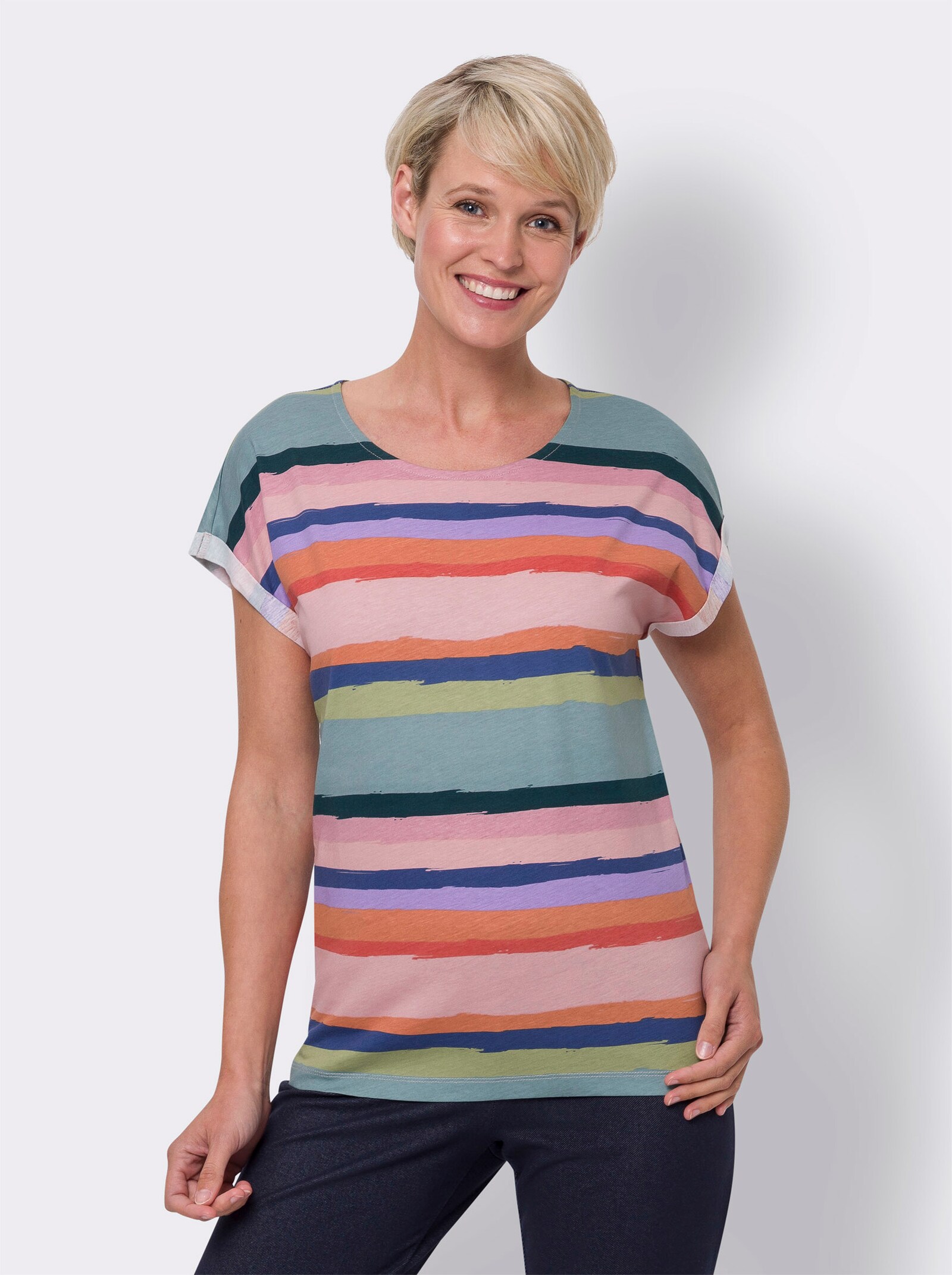 Rundhalsshirt im Streifenmuster - rosenquarz-jade-bedruckt