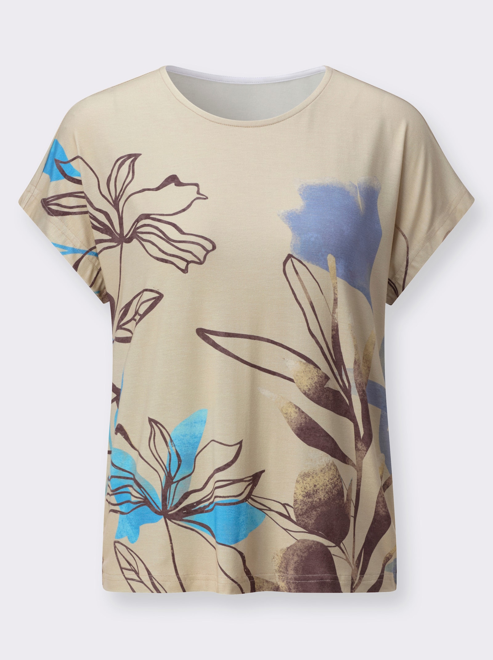 Shirt met print en oversized schouders - zand/bleu bedrukt