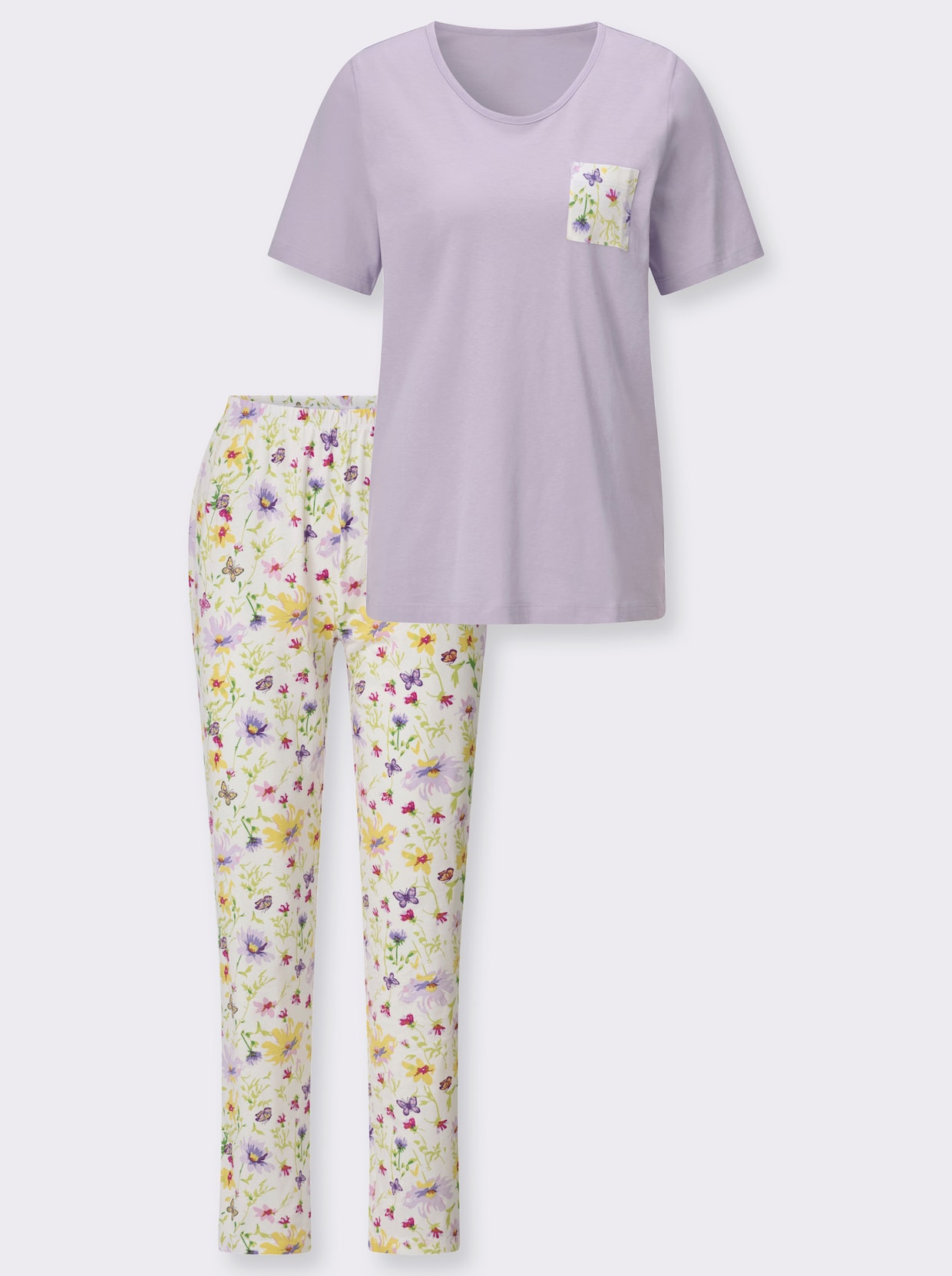Pyjamas med fjärils- och blommönster - syren-ecru-med tryck