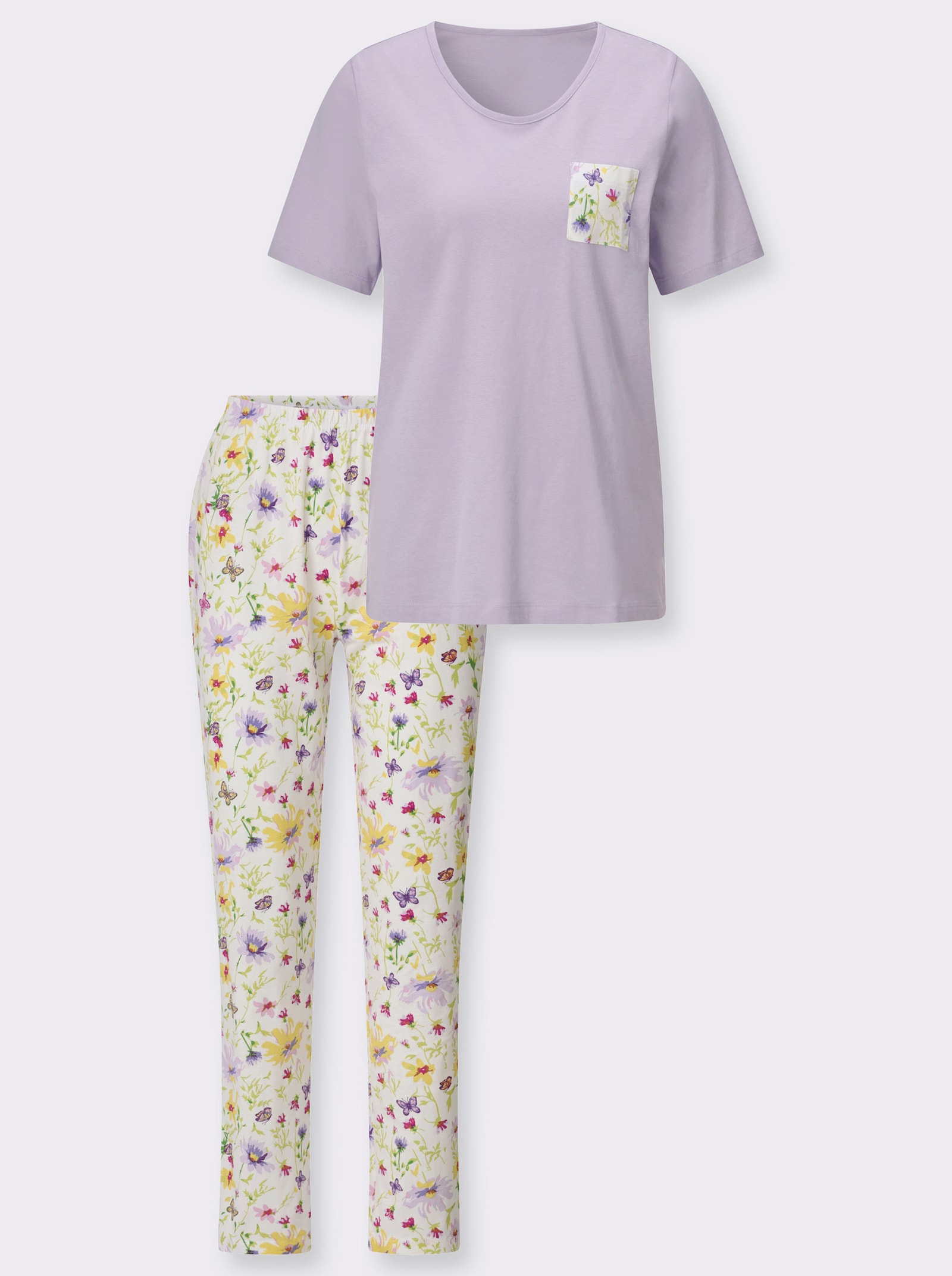 Pyjamas med fjärils- och blommönster - syren-ecru-med tryck