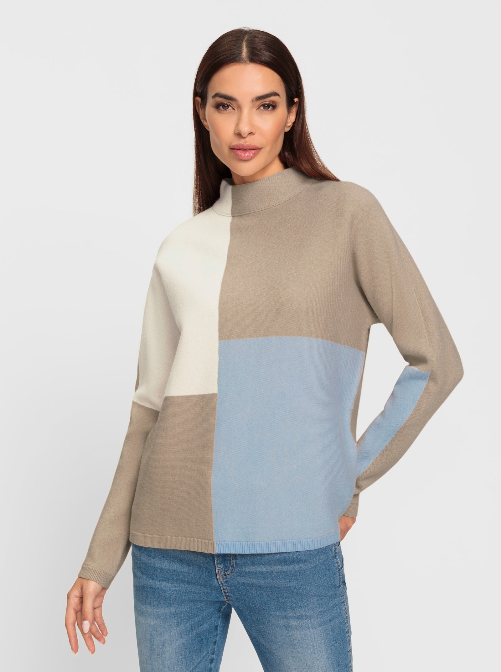 heine Stehkragenpullover im Color-Blocking-Dessin - beige-hellblau-gemustert