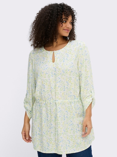 sheego Tunika mit Blumenprint und Taillen-Gummizug - ecru-eisblau-gemustert