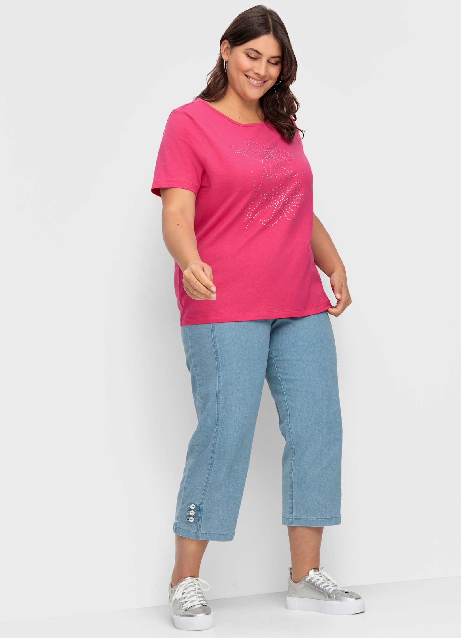 Kurzarmshirt mit Steinchen verziert - pink