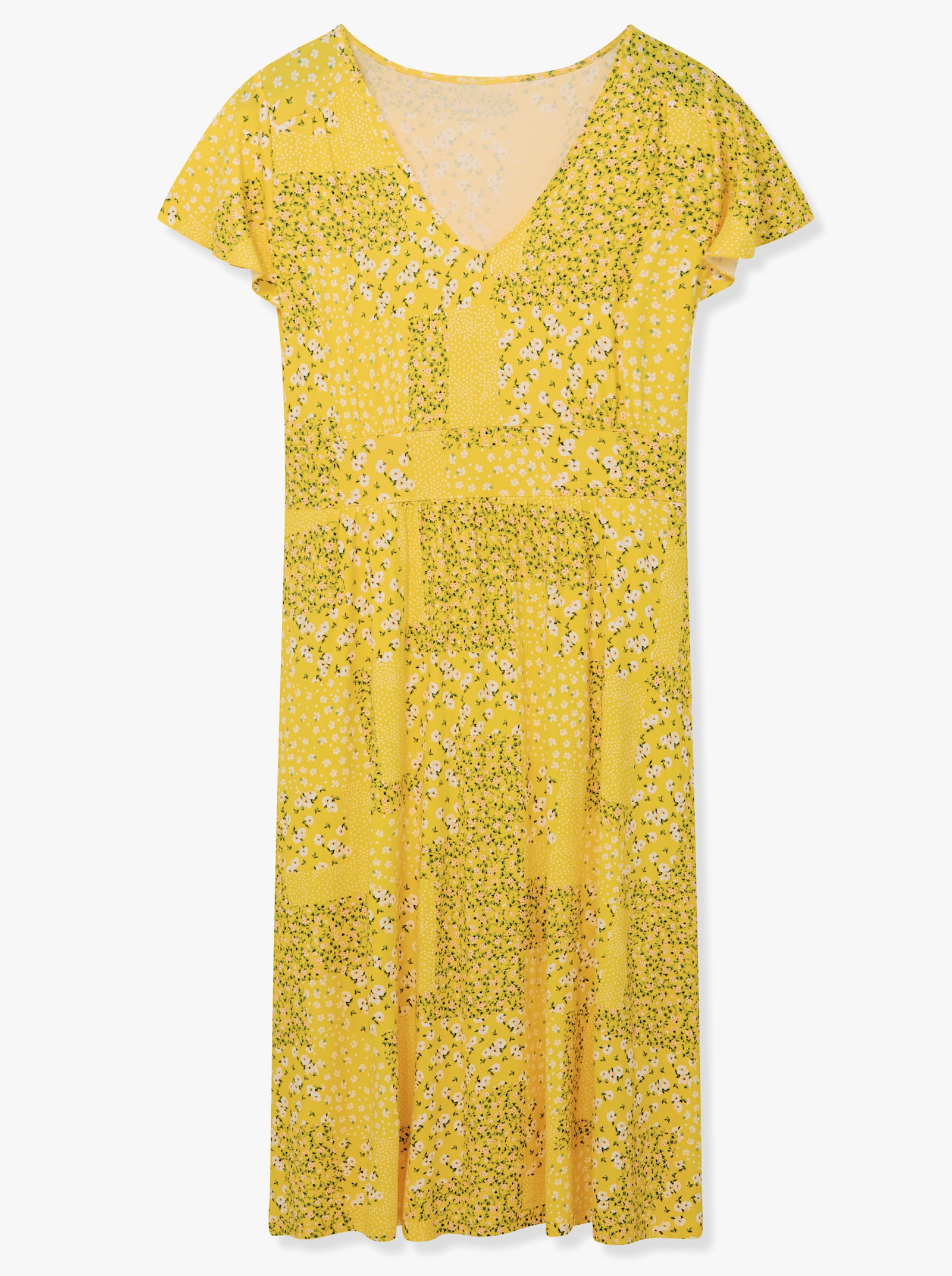 Jerseykleid mit Flügel-Ärmeln - sonnengelb-champagner-bedruckt