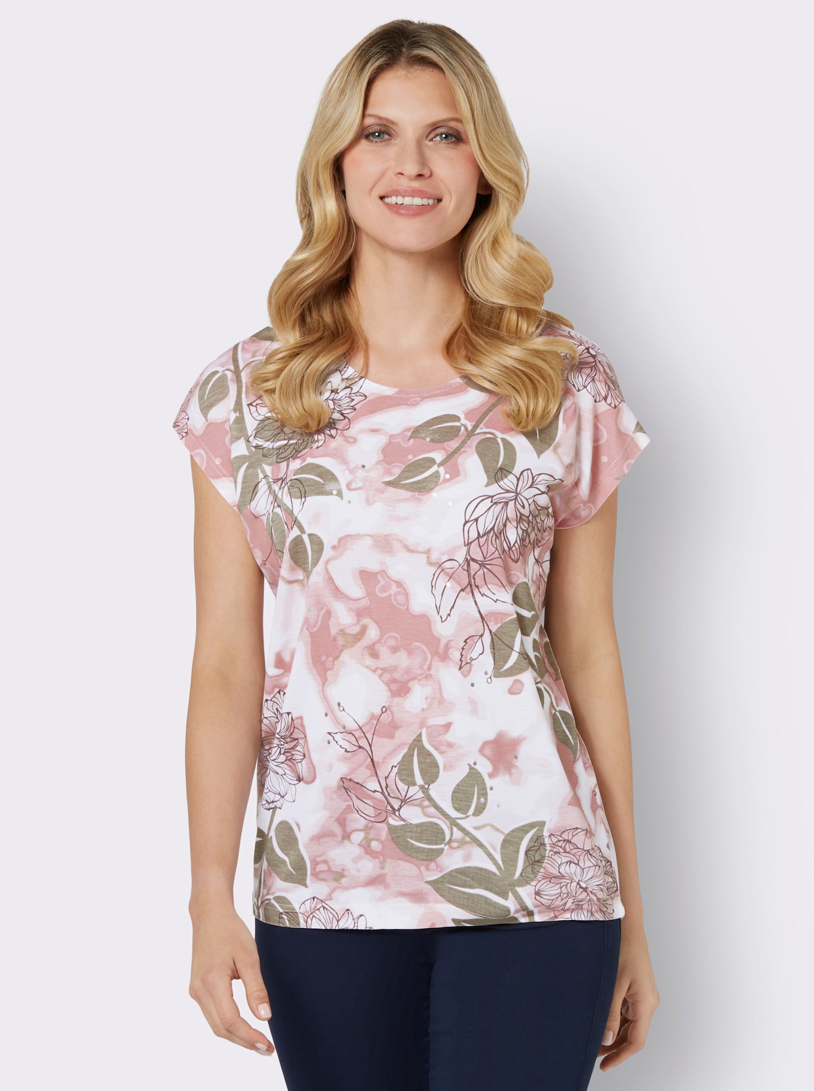 Rundhalsshirt mit Foliendruck, Viskose - weiß-hortensie-bedruckt