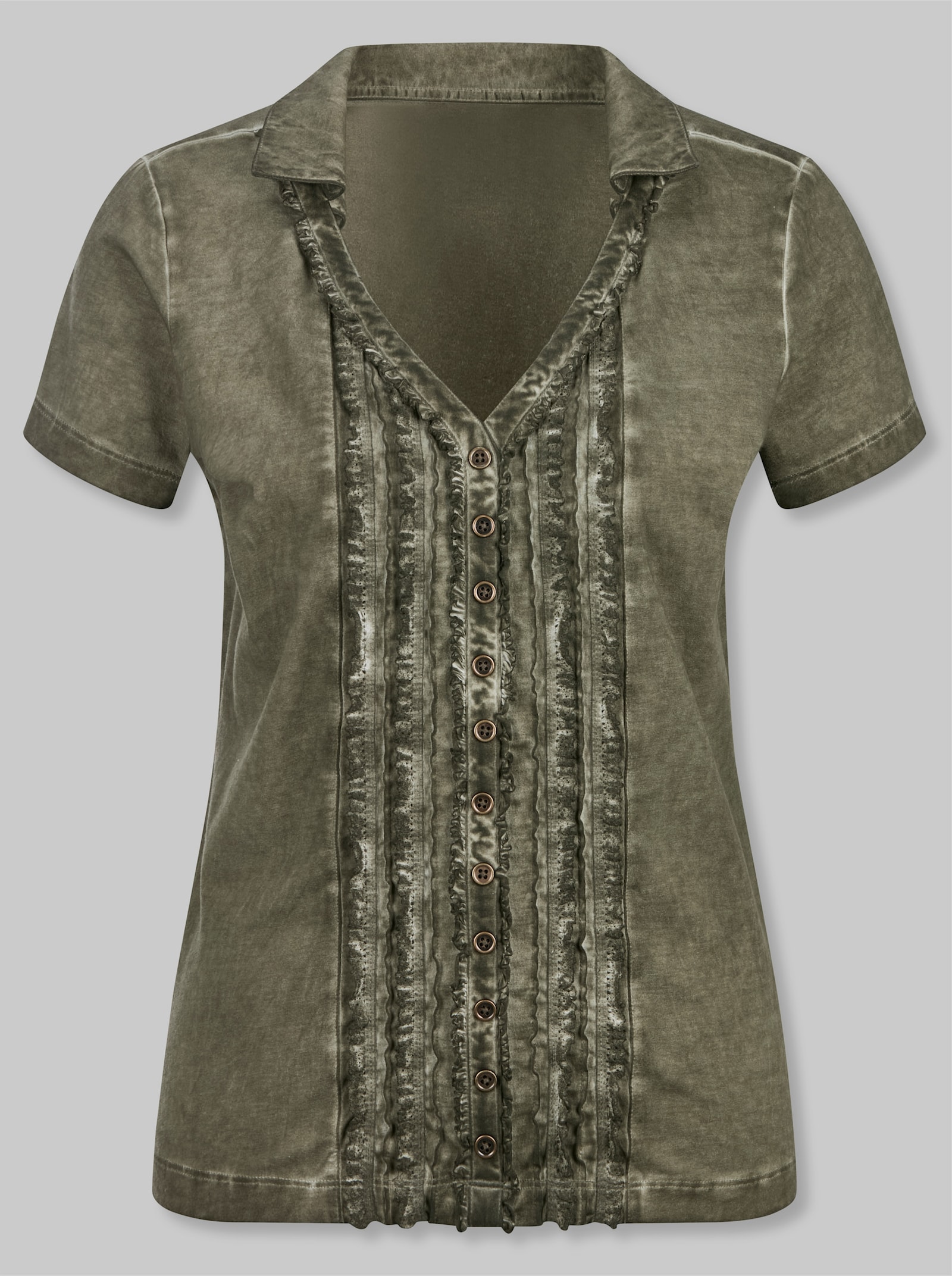 heine V-Shirt mit Rüschen - khaki