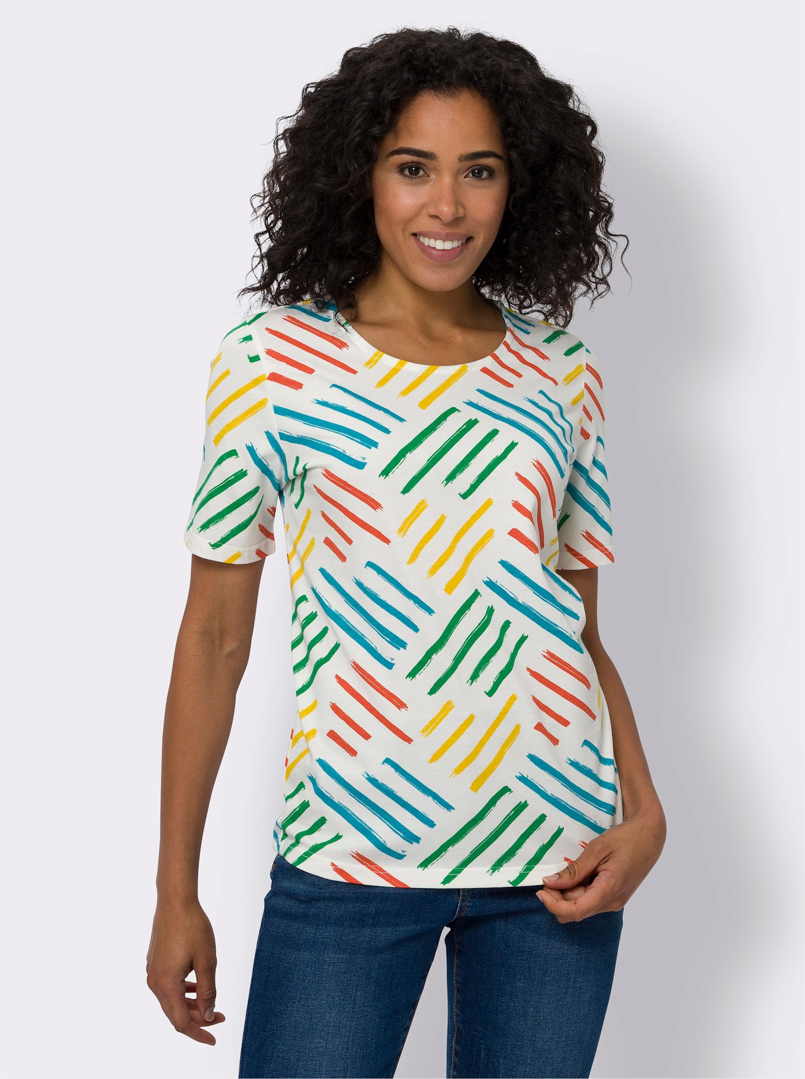 Kurzarmshirt mit Linien-Druck - ecru-türkis-bedruckt