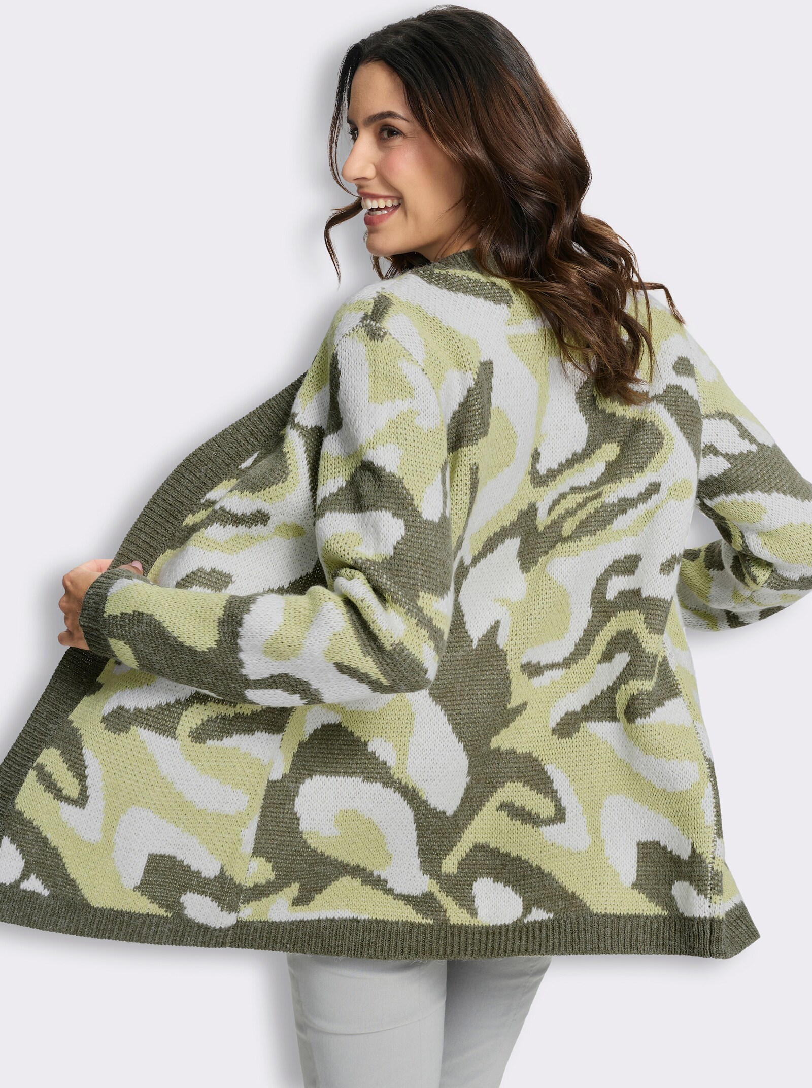 Jacquardstrickjacke in offener Form - pistazie-khaki-gemustert