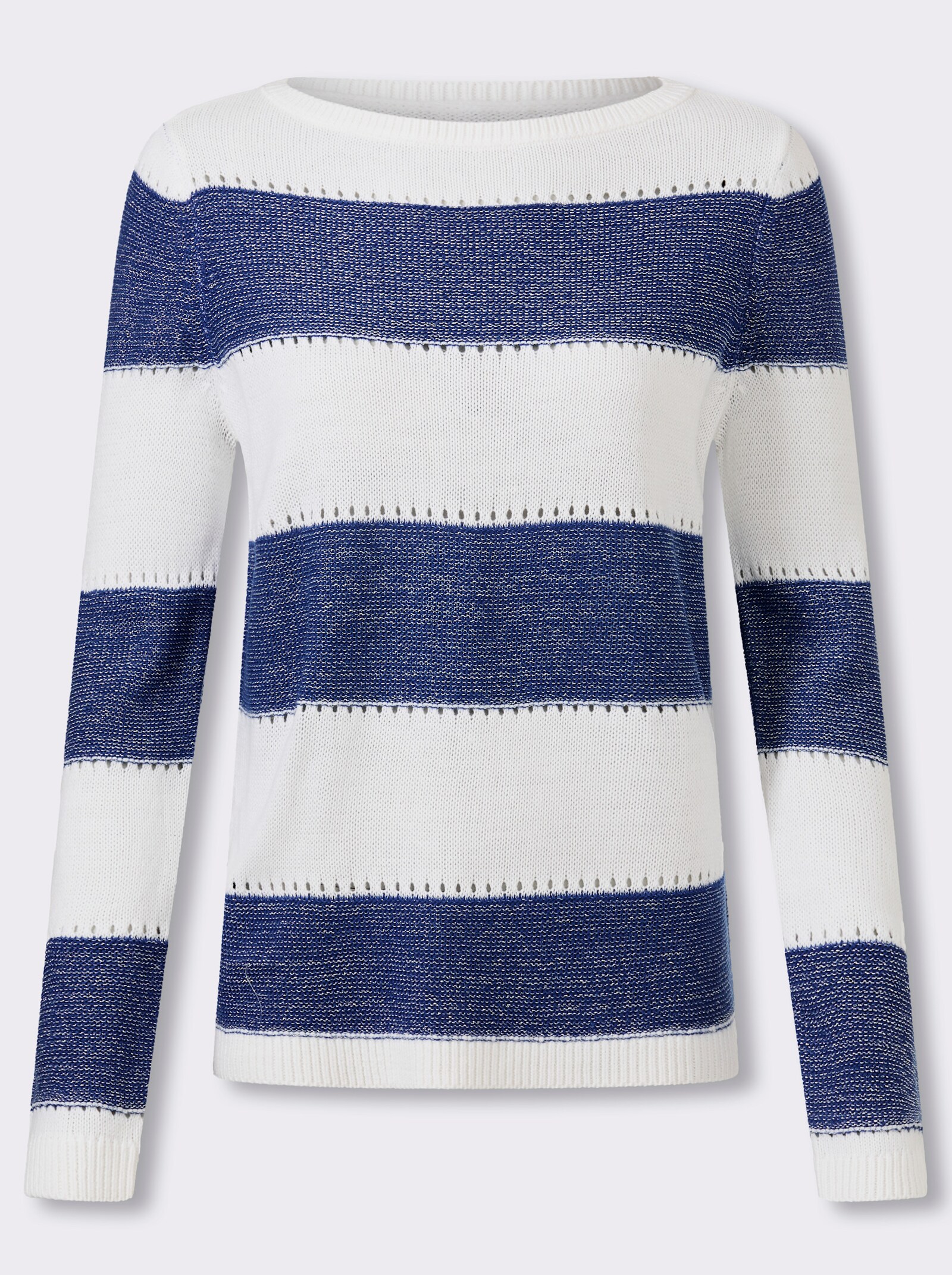 Langarm-Pullover mit Glanzgarn, Streifen-Muster - royalblau-ecru-gemustert