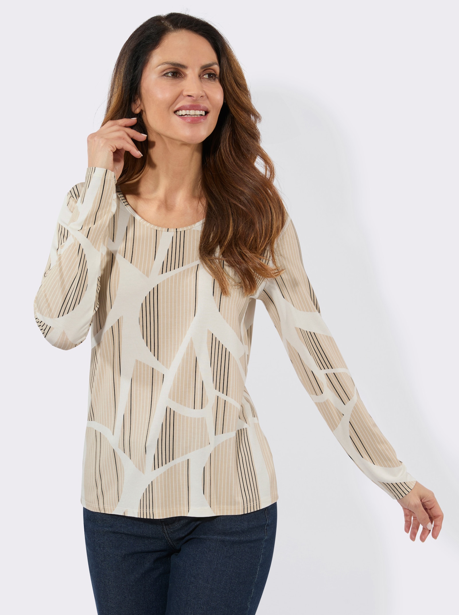 Rundhalsshirt mit Grafik-Muster - sand-ecru-bedruckt