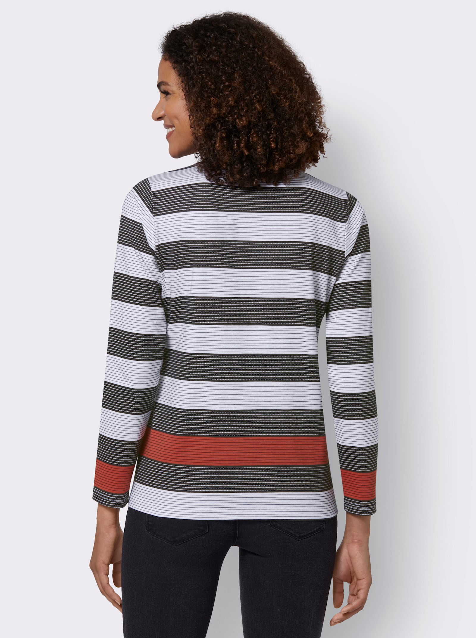 Stehkragenshirt mit weitenregulierbarem Kragen - rostrot-schwarz-geringelt