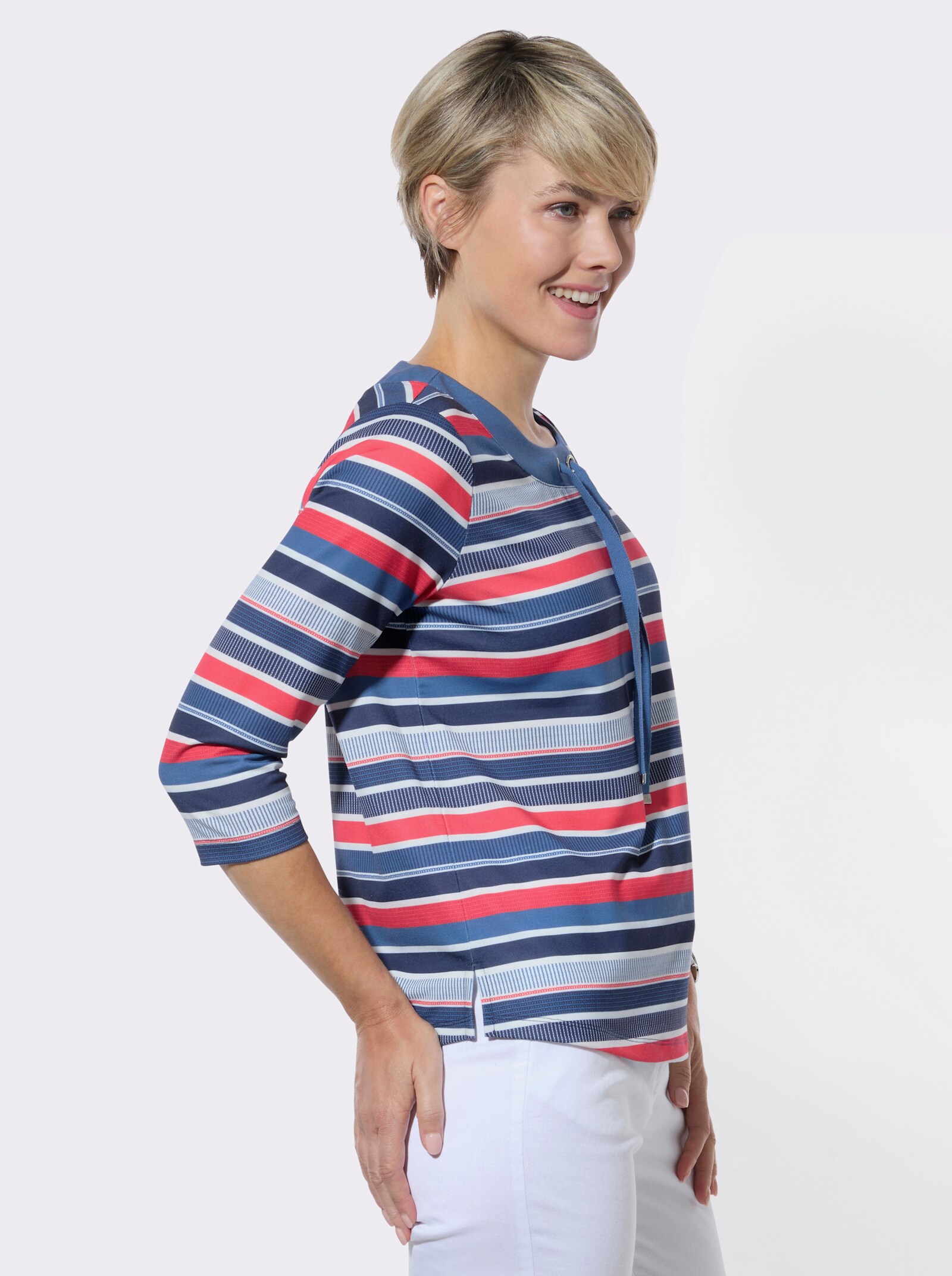 Rundhalsshirt im Streifenmuster - jeansblau-hummer-geringelt