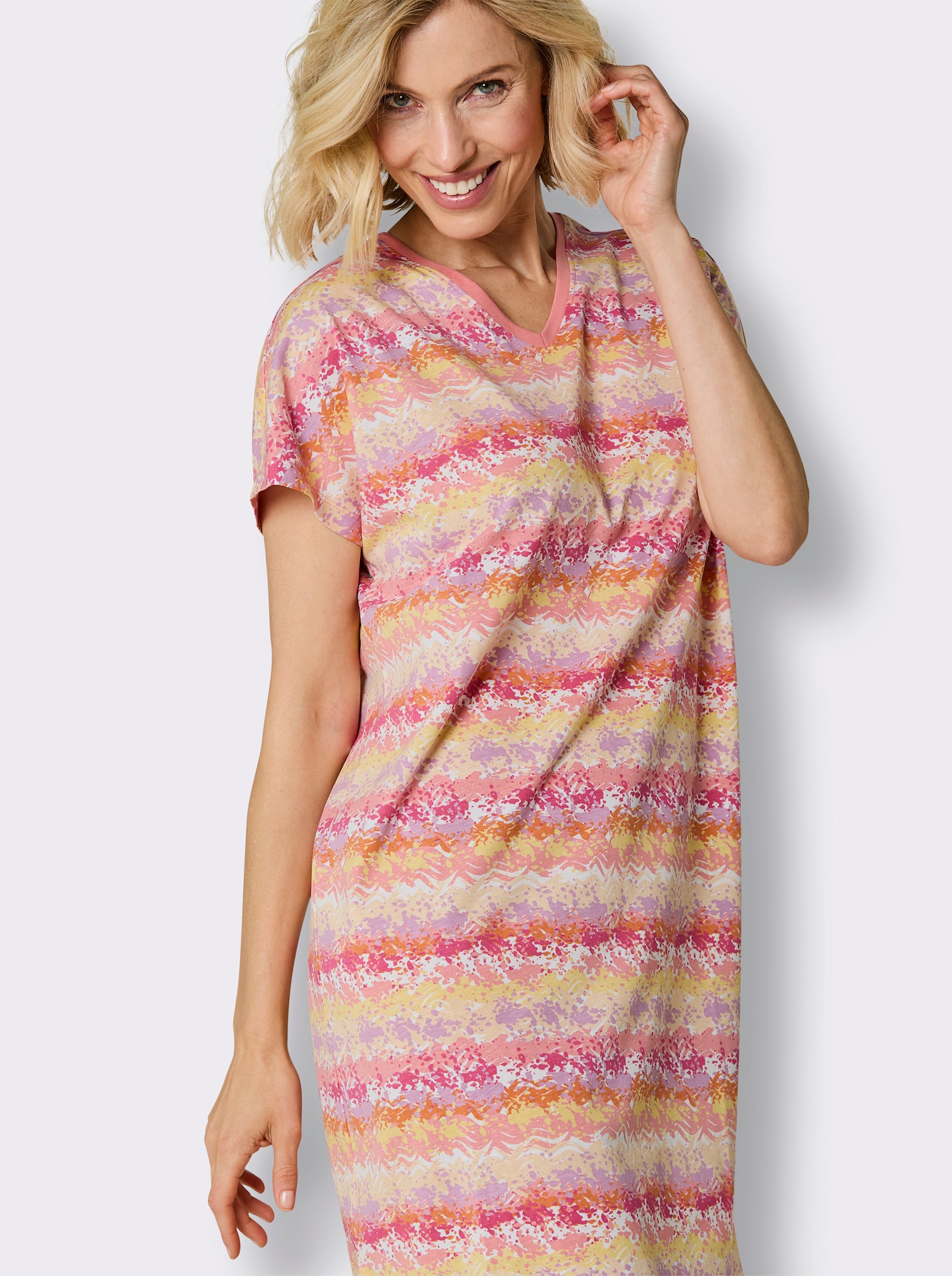 wäschepur Kurzarm-Sleepshirt mit überschnittenen Schultern - weiß-flamingo-bedruckt