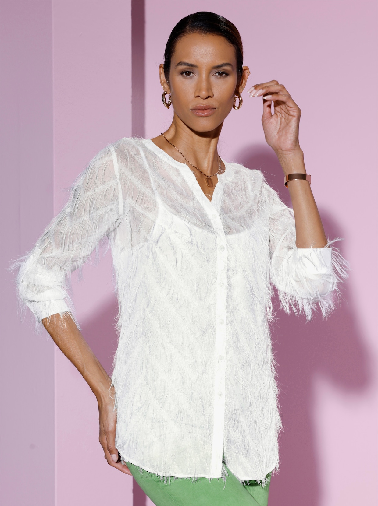 Langarmbluse mit Krempel-Ärmel - ecru