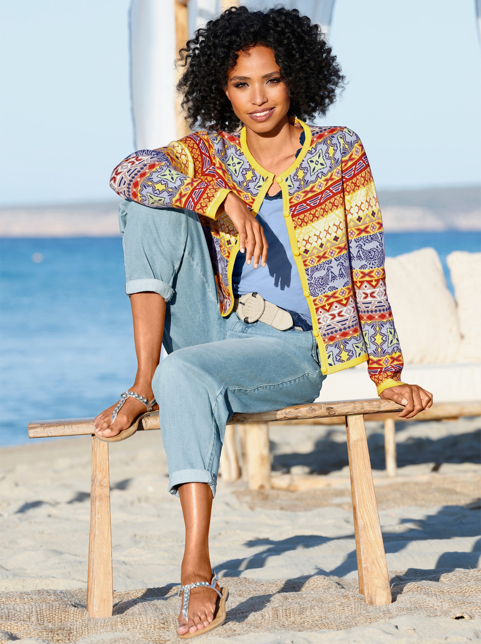 heine Jacquardvest in bonte kleurenmix - limoen/ijsblauw gedessineerd