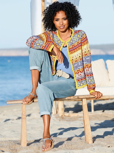 heine Jacquardvest in bonte kleurenmix - limoen/ijsblauw gedessineerd