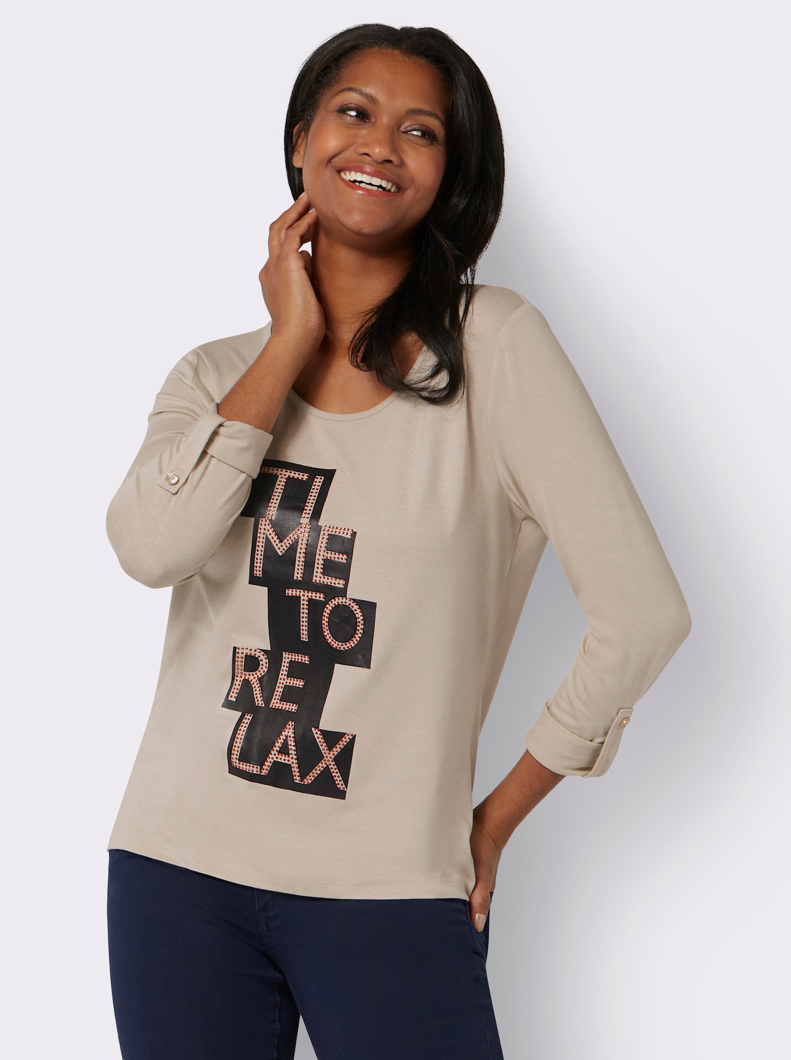 3/4-Arm-Shirt Folien-Print mit Glitzersteinchen - sand-schwarz-bedruckt