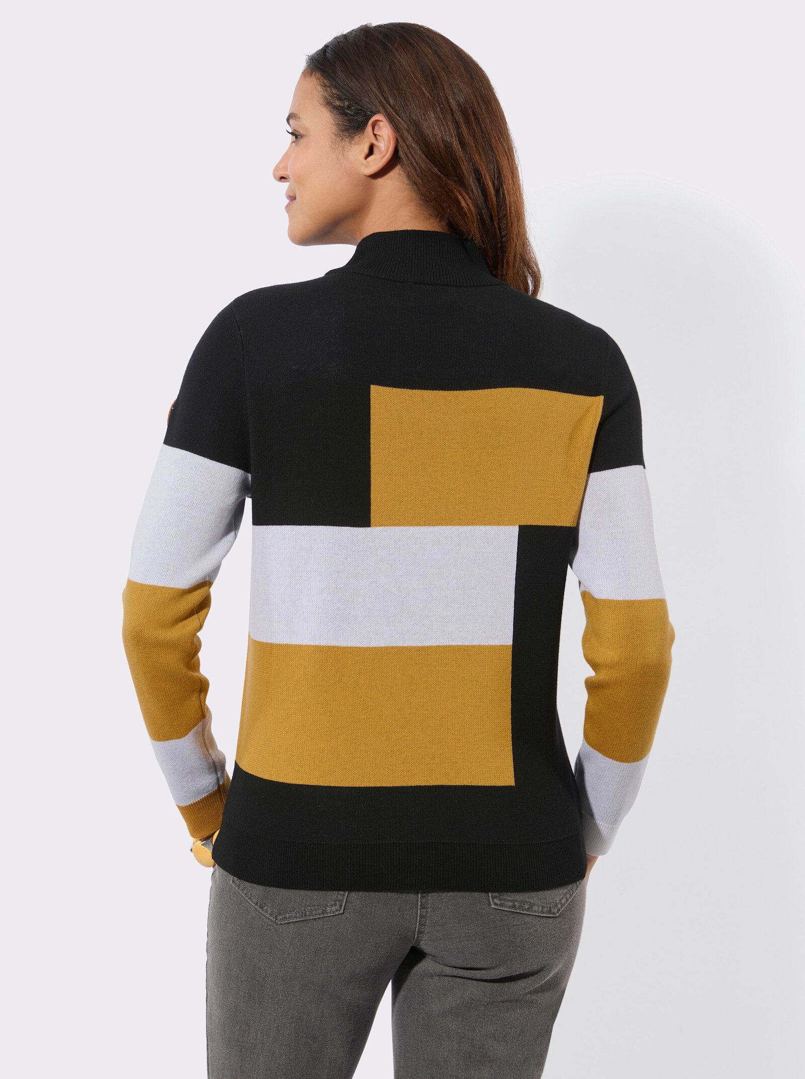 Langarm-Pullover mit Stehkragen - ocker-schwarz-gemustert