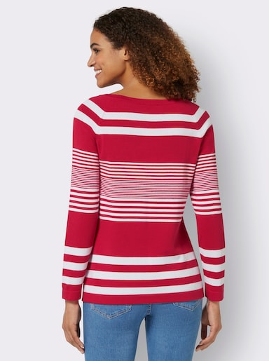 Streifenpullover mit Zierknöpfen - erdbeere-weiß-gestreift