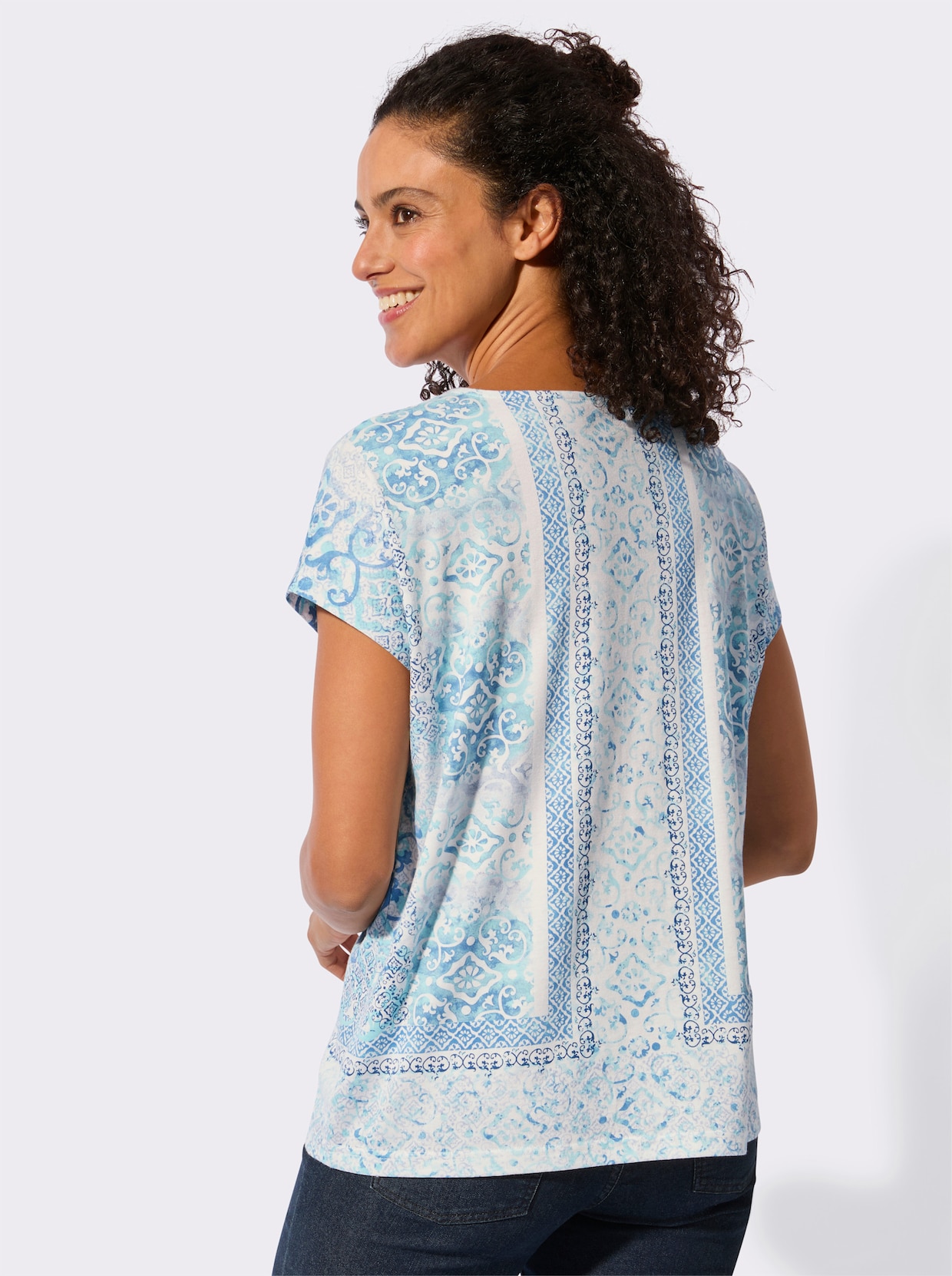 Print-Shirt mit überschnittenen Schultern - jeansblau-ecru-bedruckt