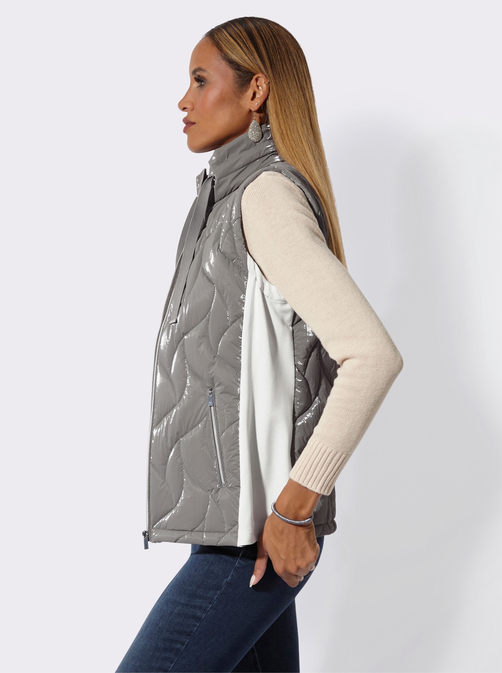 Steppweste mit seitlichen Einsätzen - grau-ecru