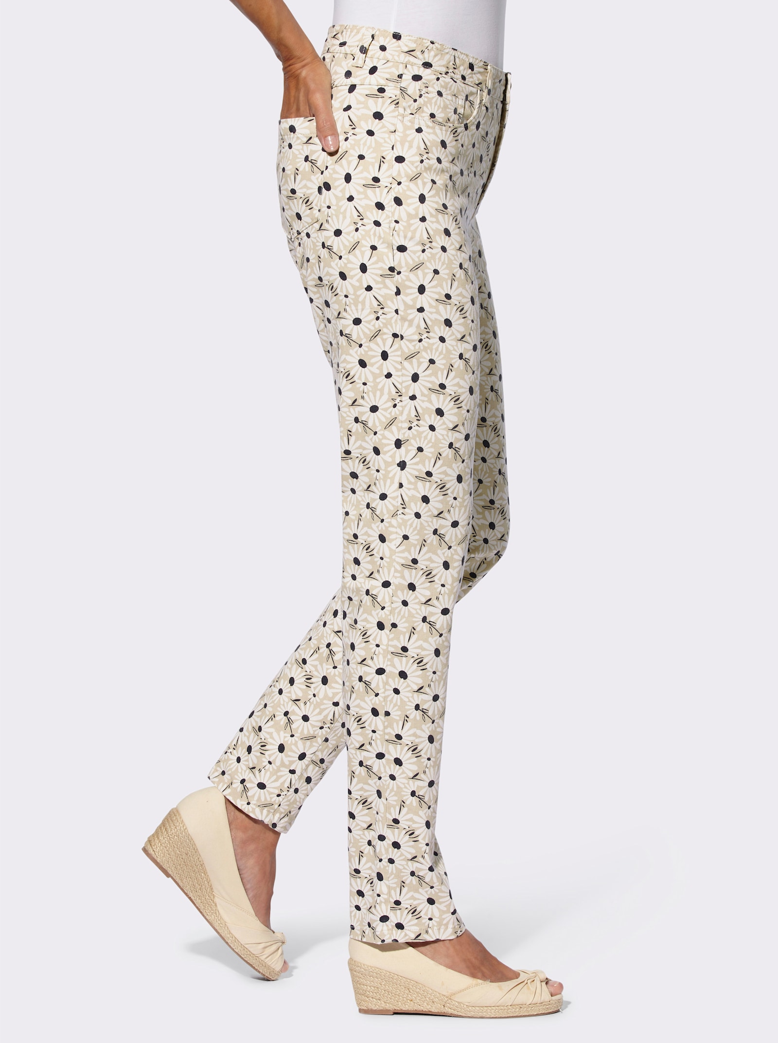 Stretchbroek met bloemenprint - zand/donkerblauw bedrukt