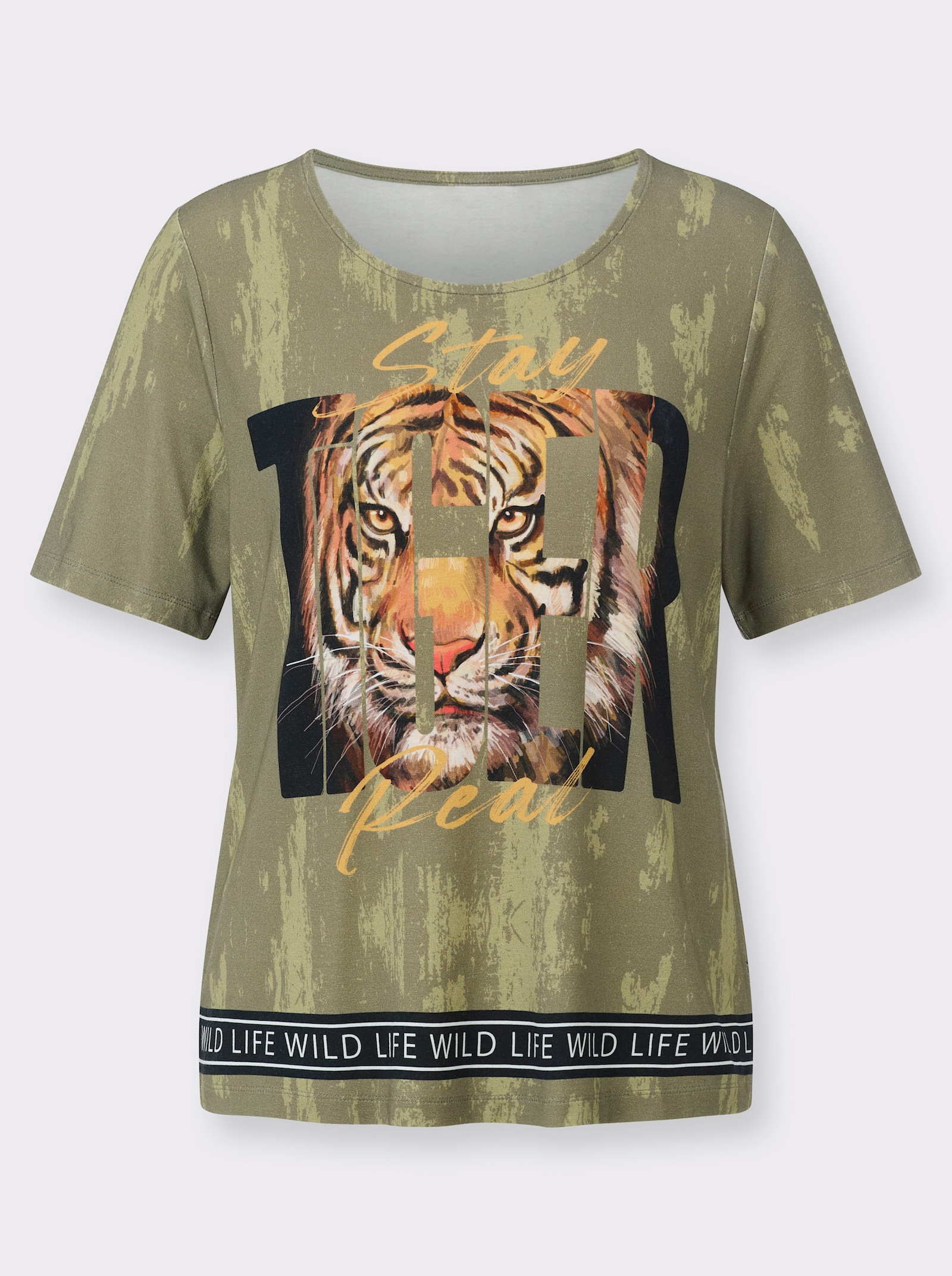 Tričko s tygřím potiskem - khaki-hnědá-potisk