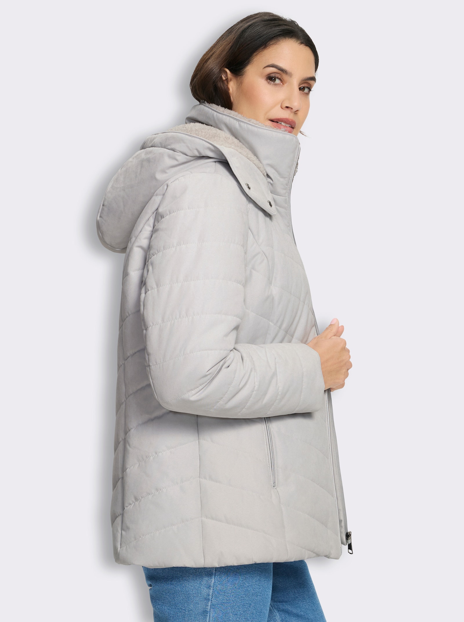 Steppjacke mit Teddyfleece-Futter - hellgrau