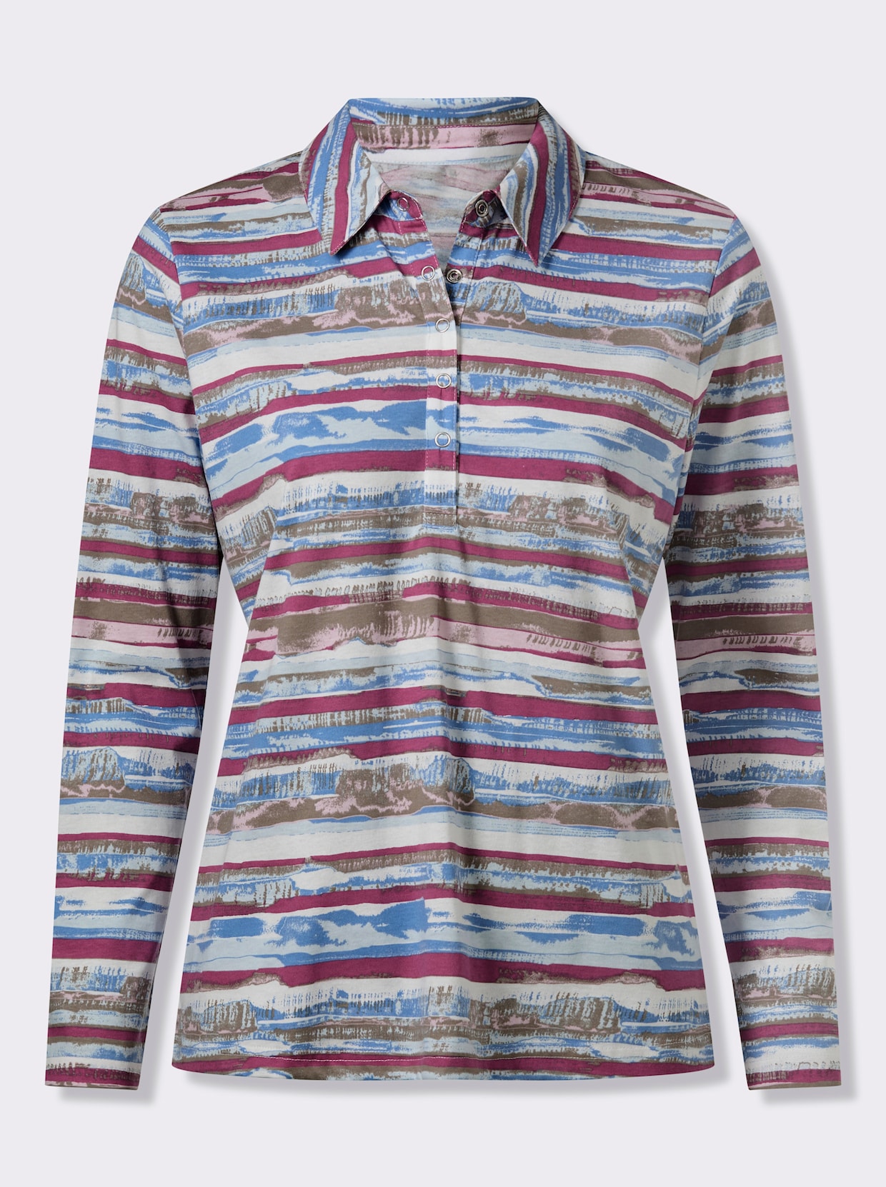 Langarmshirt mit kurzer Druckknopfleiste - erika-taupe-geringelt