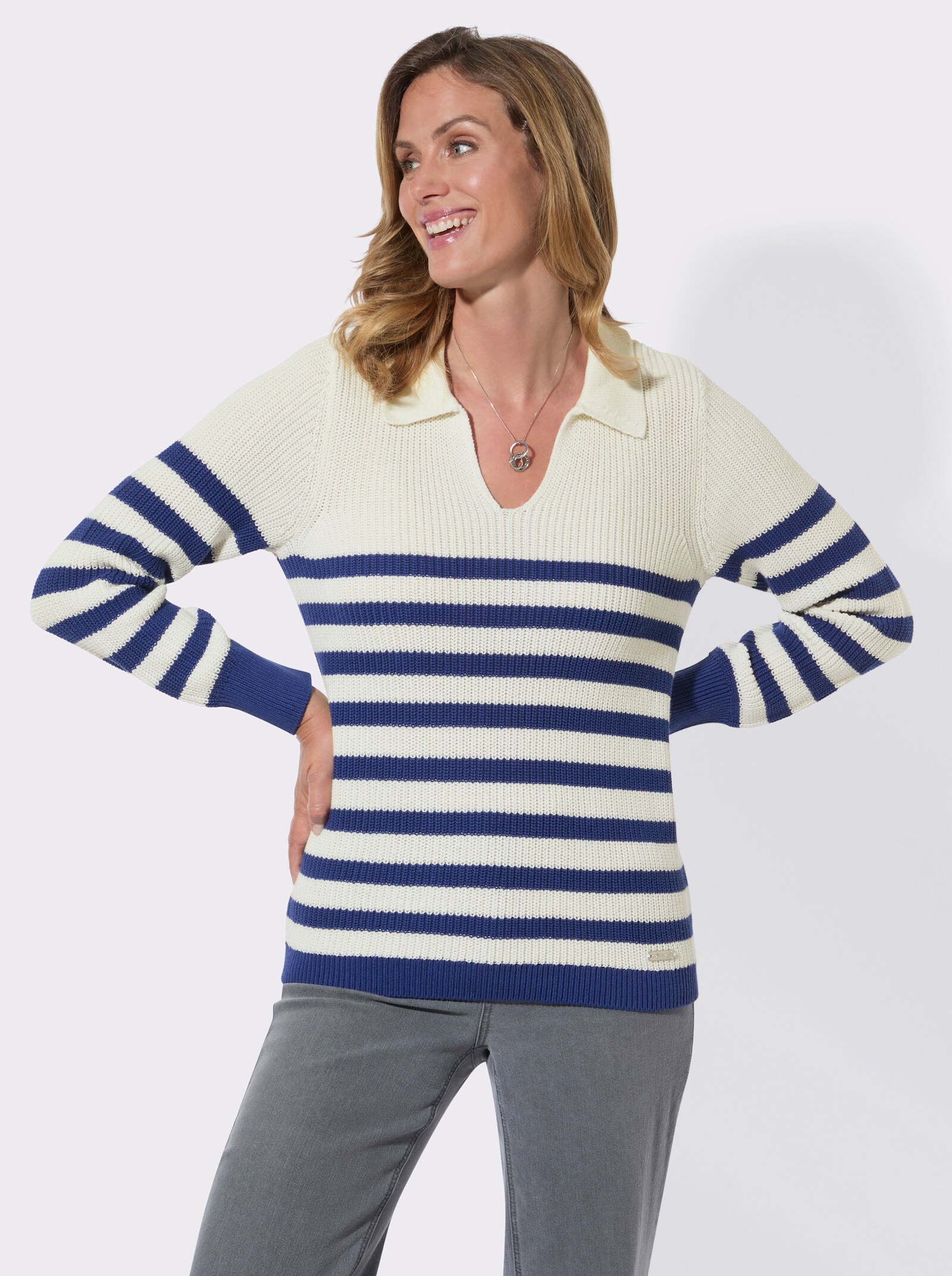 Troyer mit Ringelmuster - ecru-royalblau-gemustert