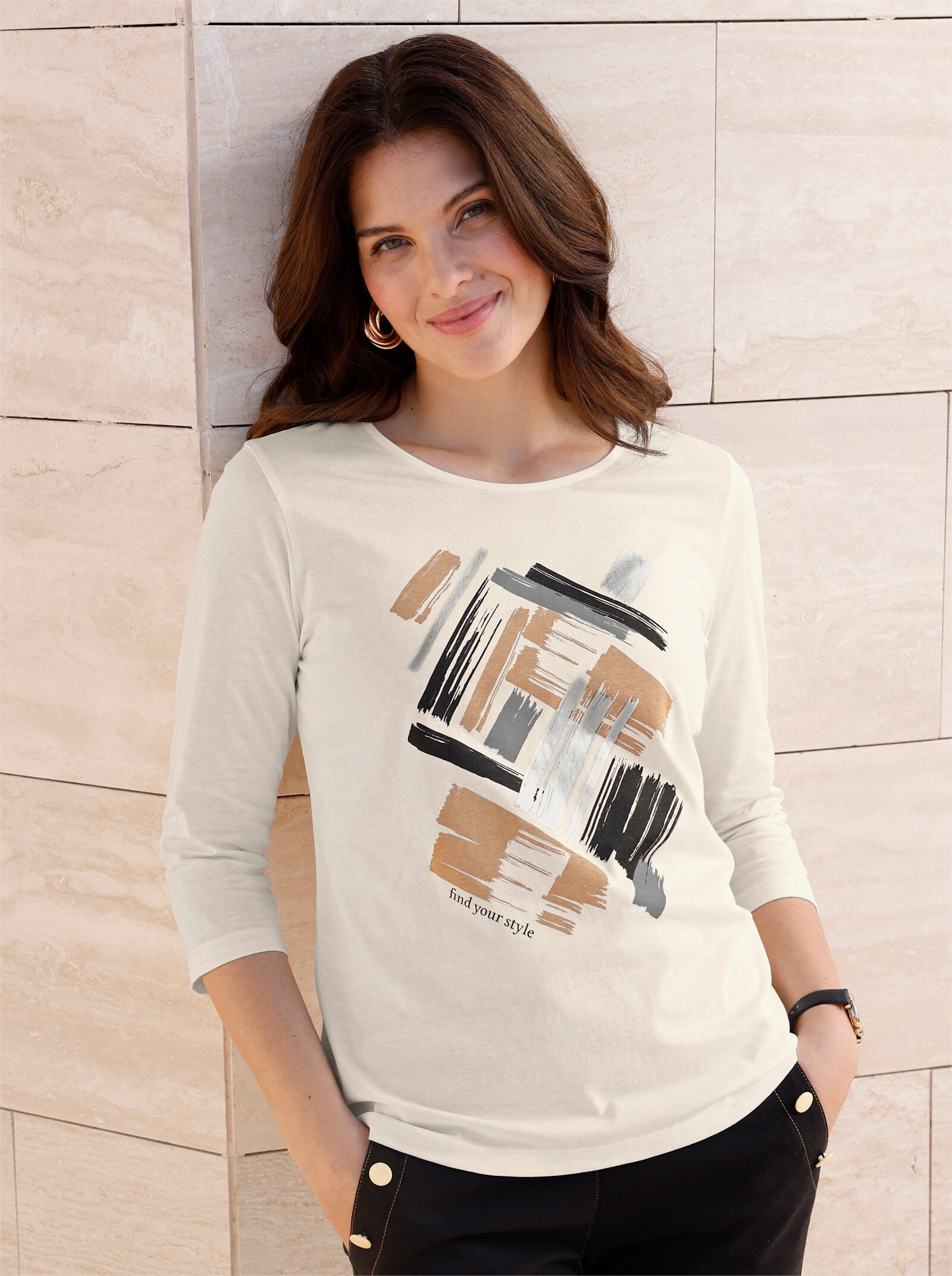 3/4-Arm-Shirt mit glänzendem Druck - ecru-camel