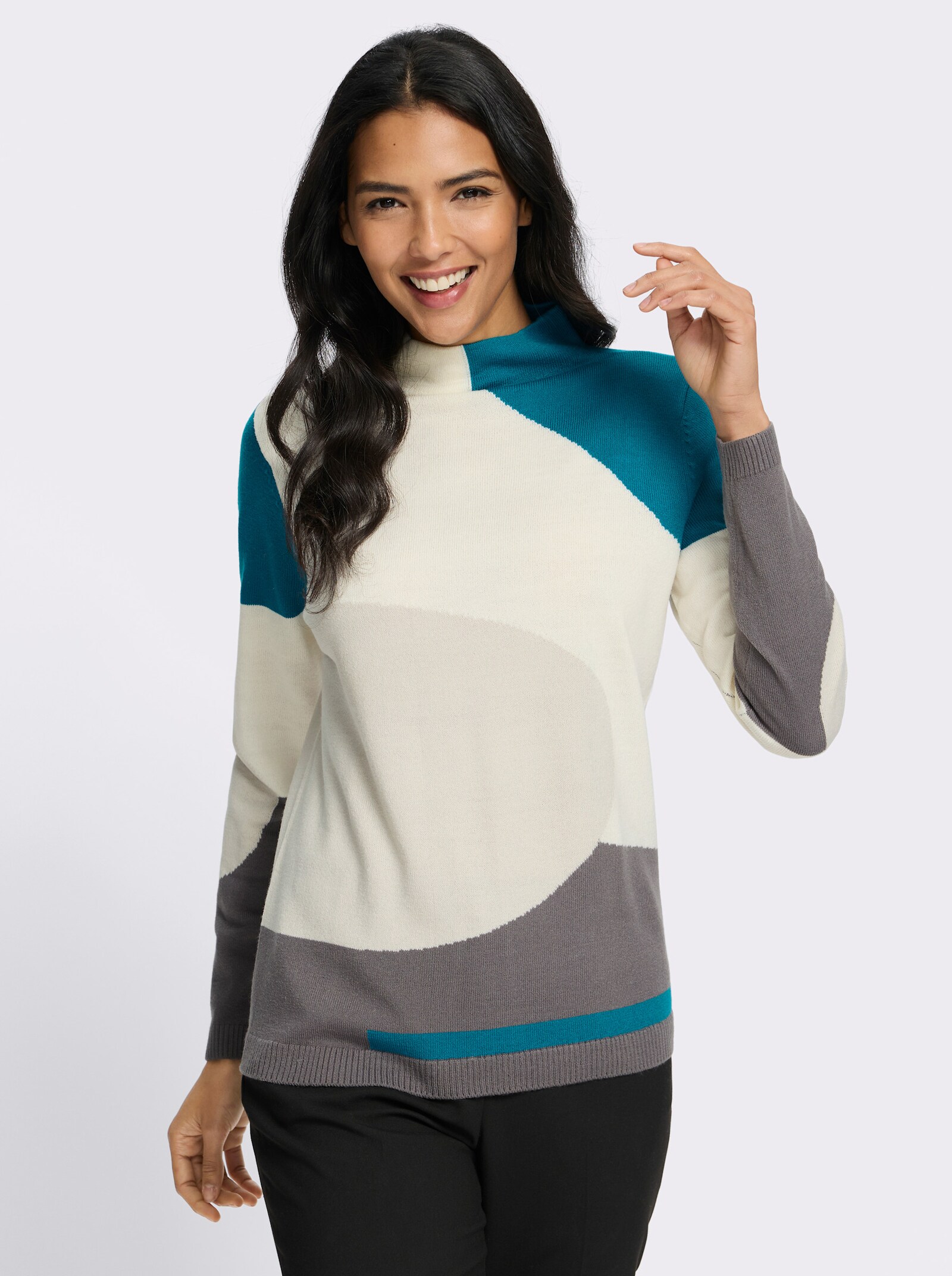 Stehkragenpullover mit Intarsienmuster - champagner-aquapetrol-gemustert