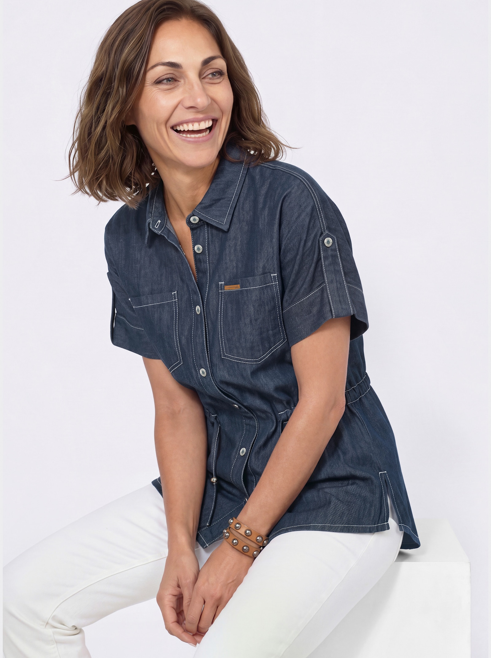 Jeansbluse mit regulierbarem Taillen-Kordelzug - dark blue