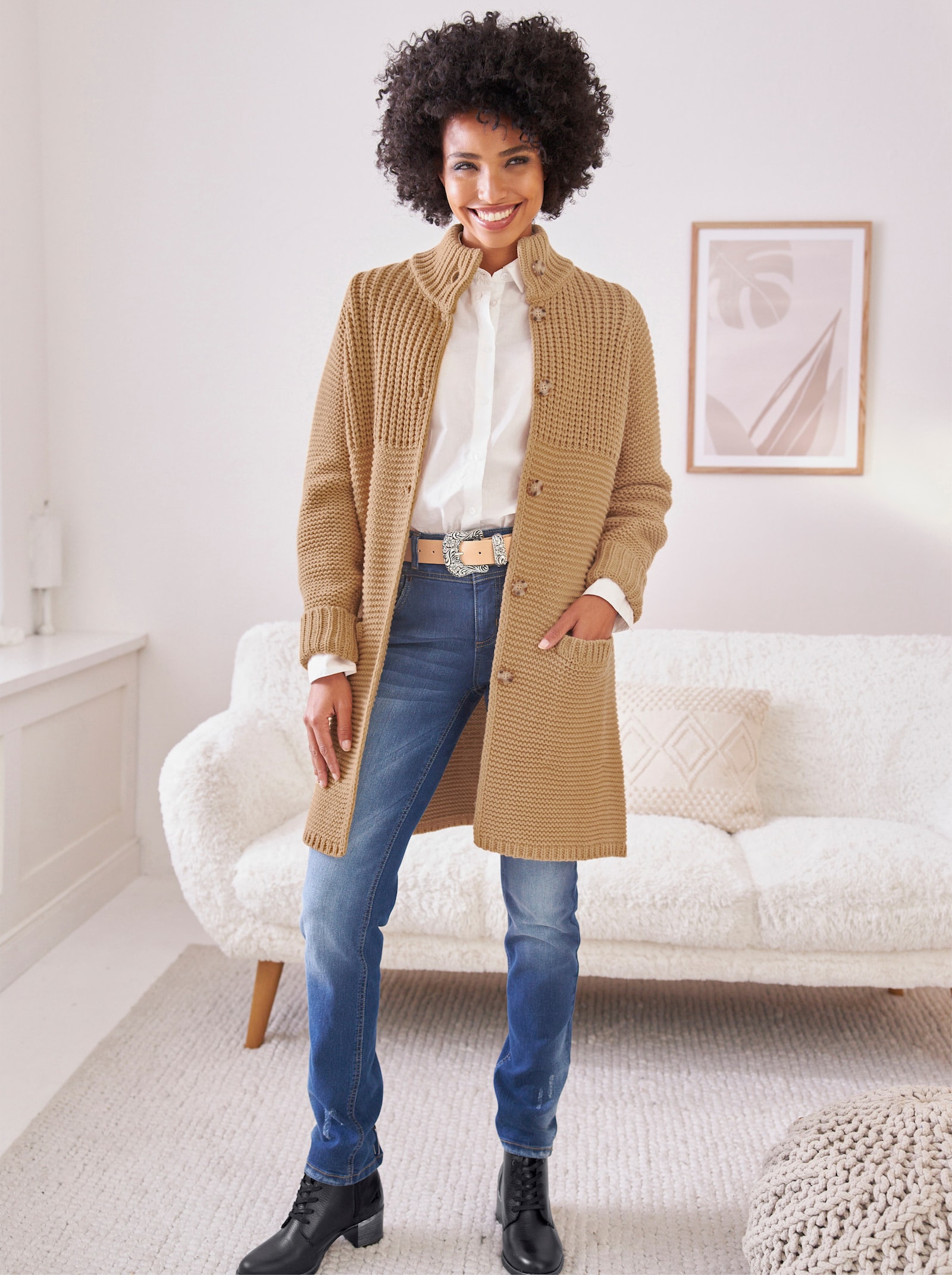 heine Strickjacke mit Stehkragen - camel