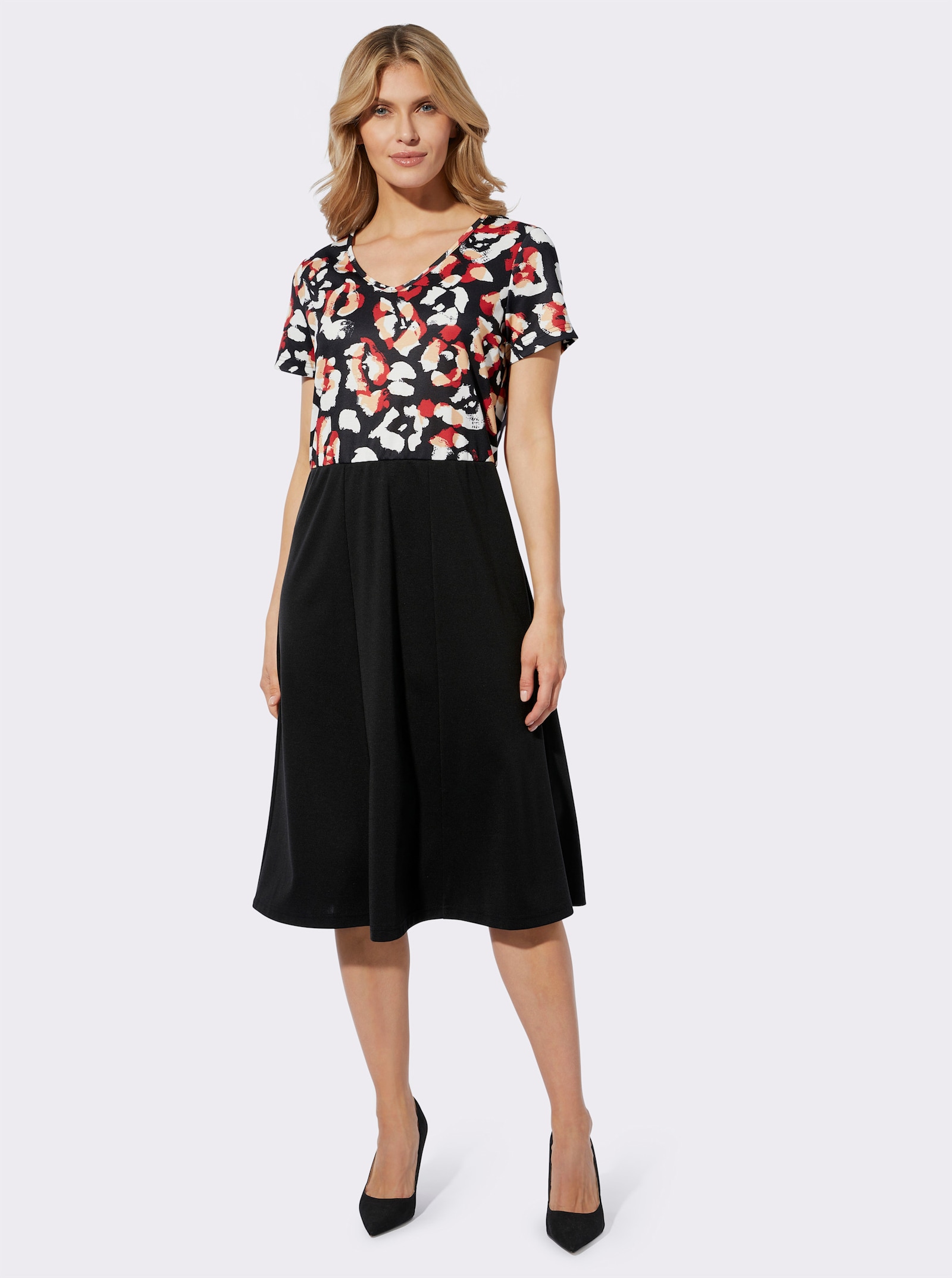 Jerseykleid in Interlock-Qualität - schwarz-rot-bedruckt