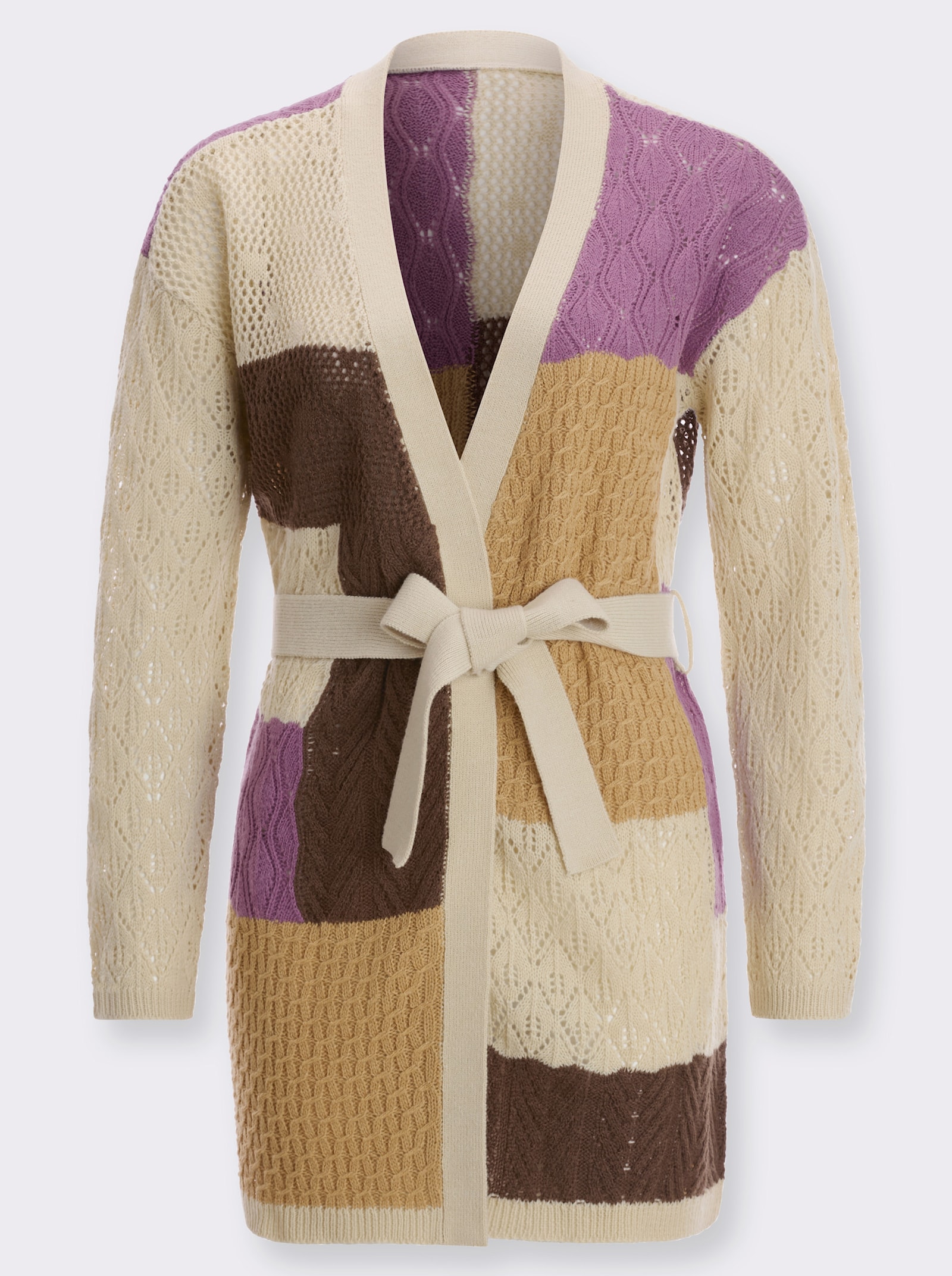 Strickjacke mit Ajour- und Zopfmuster - sand-violett-gemustert