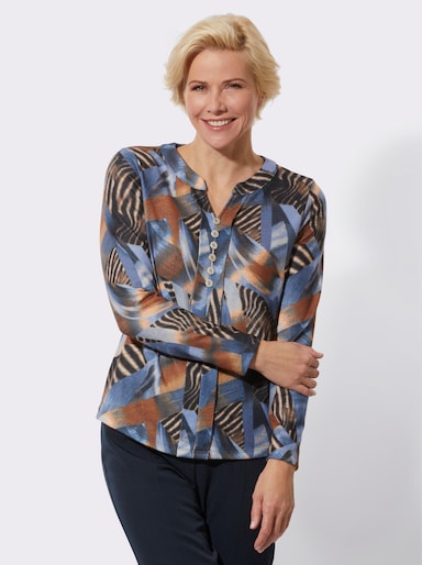 Langarmshirt mit Zierknöpfen - cognac-bleu-bedruckt