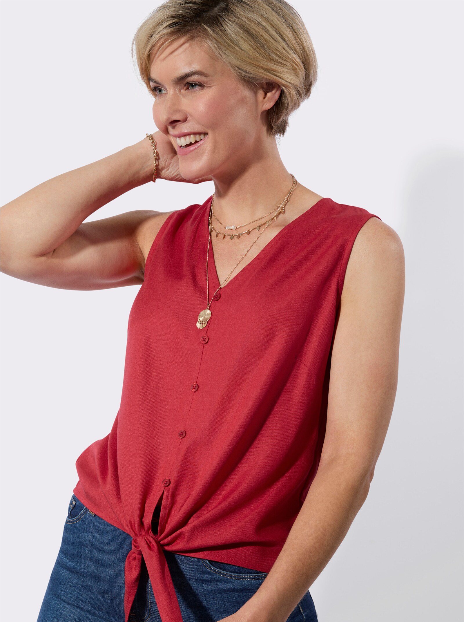 Blusentop mit geknotetem Saum - erdbeere