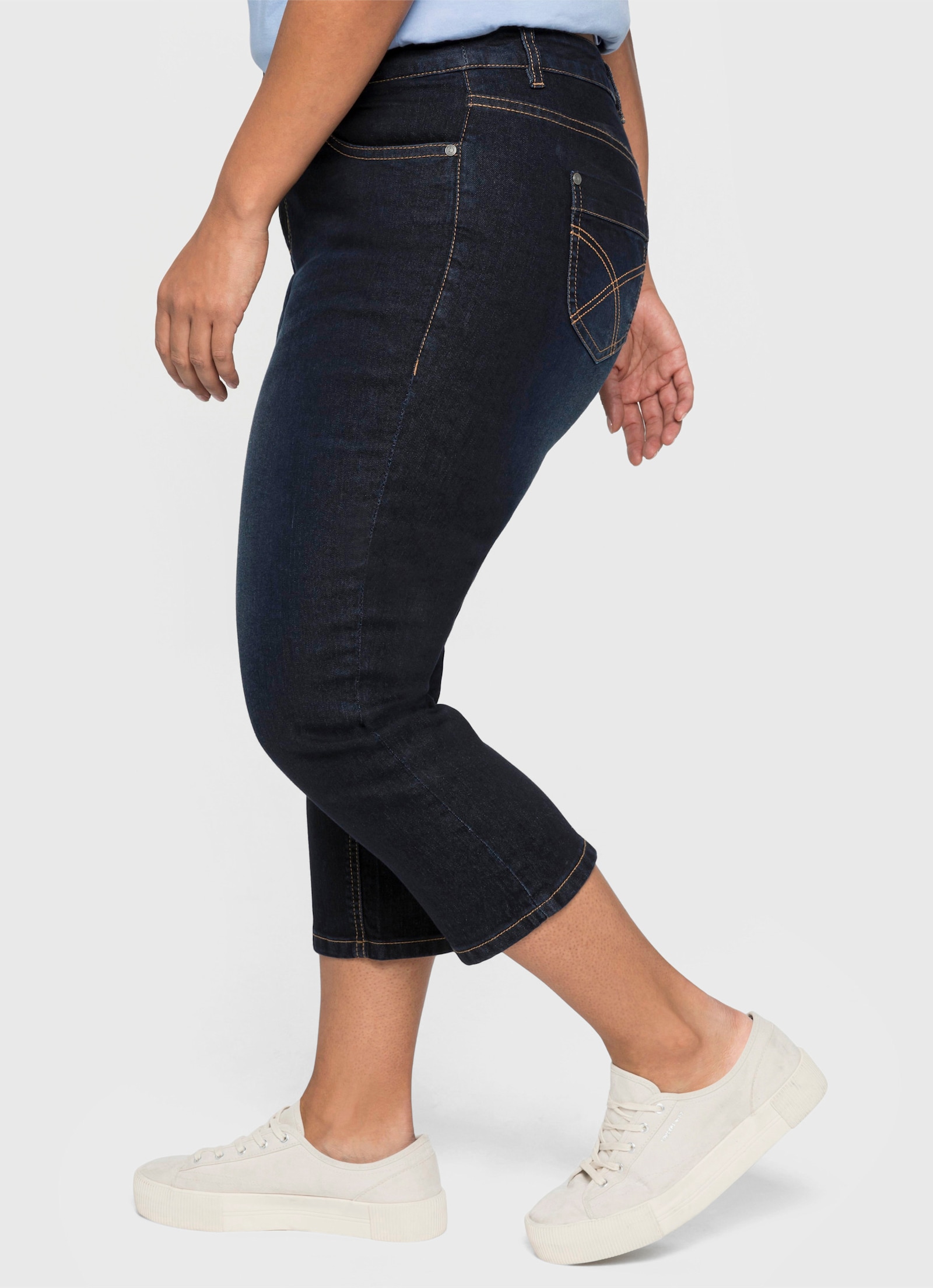 sheego Capri-jeans met contrastnaden en catfaces - blue black denim