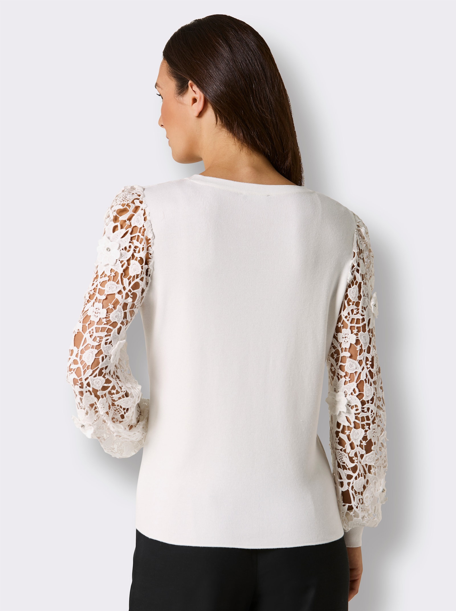 CREATION L PREMIUM Rundhalspullover mit Ballonärmeln aus Spitze - ecru