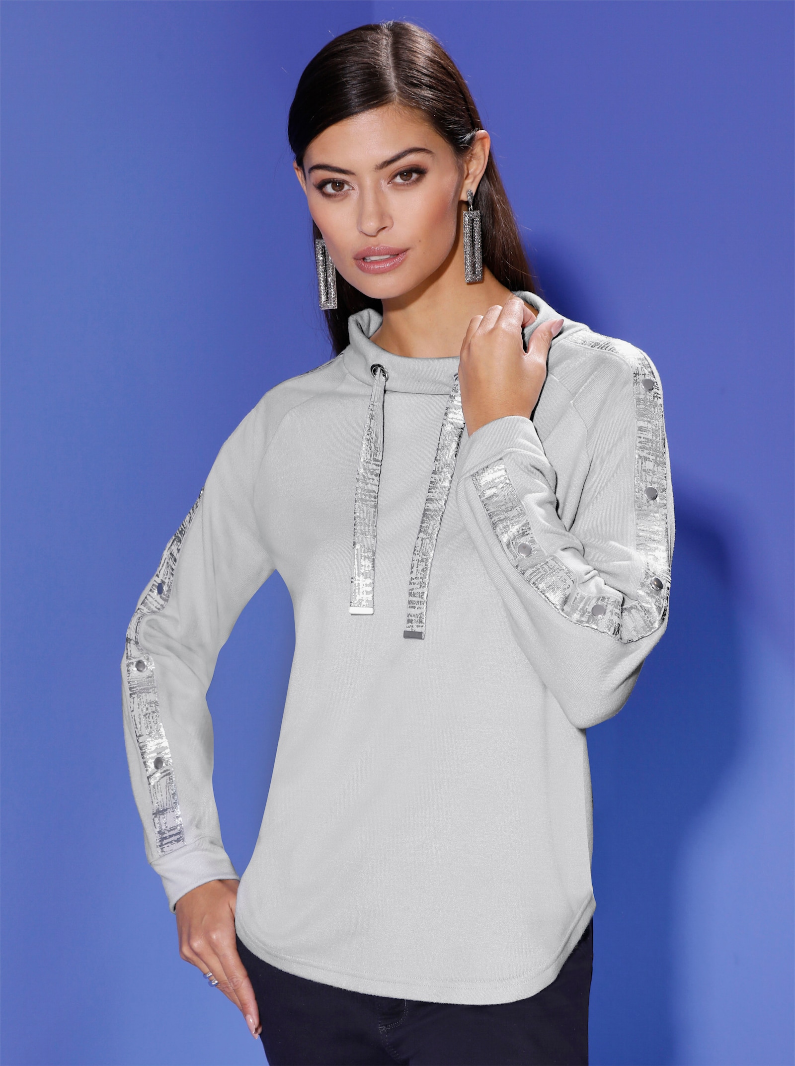 Stehkragenshirt mit Folien-Druck - hellgrau-silberfarben-bedruckt