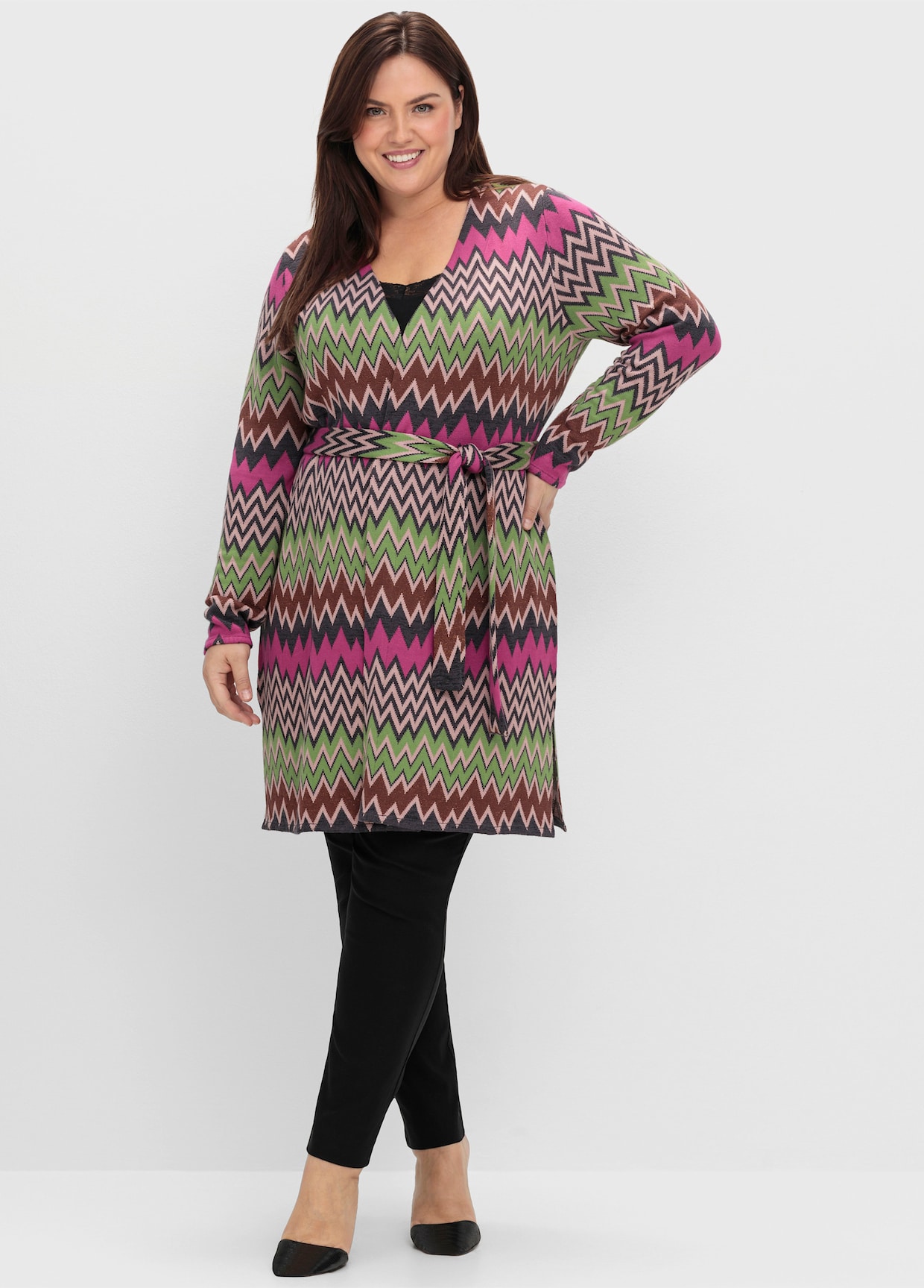 sheego by Joe Browns Lang gebreid vest - bessenrood gedessineerd