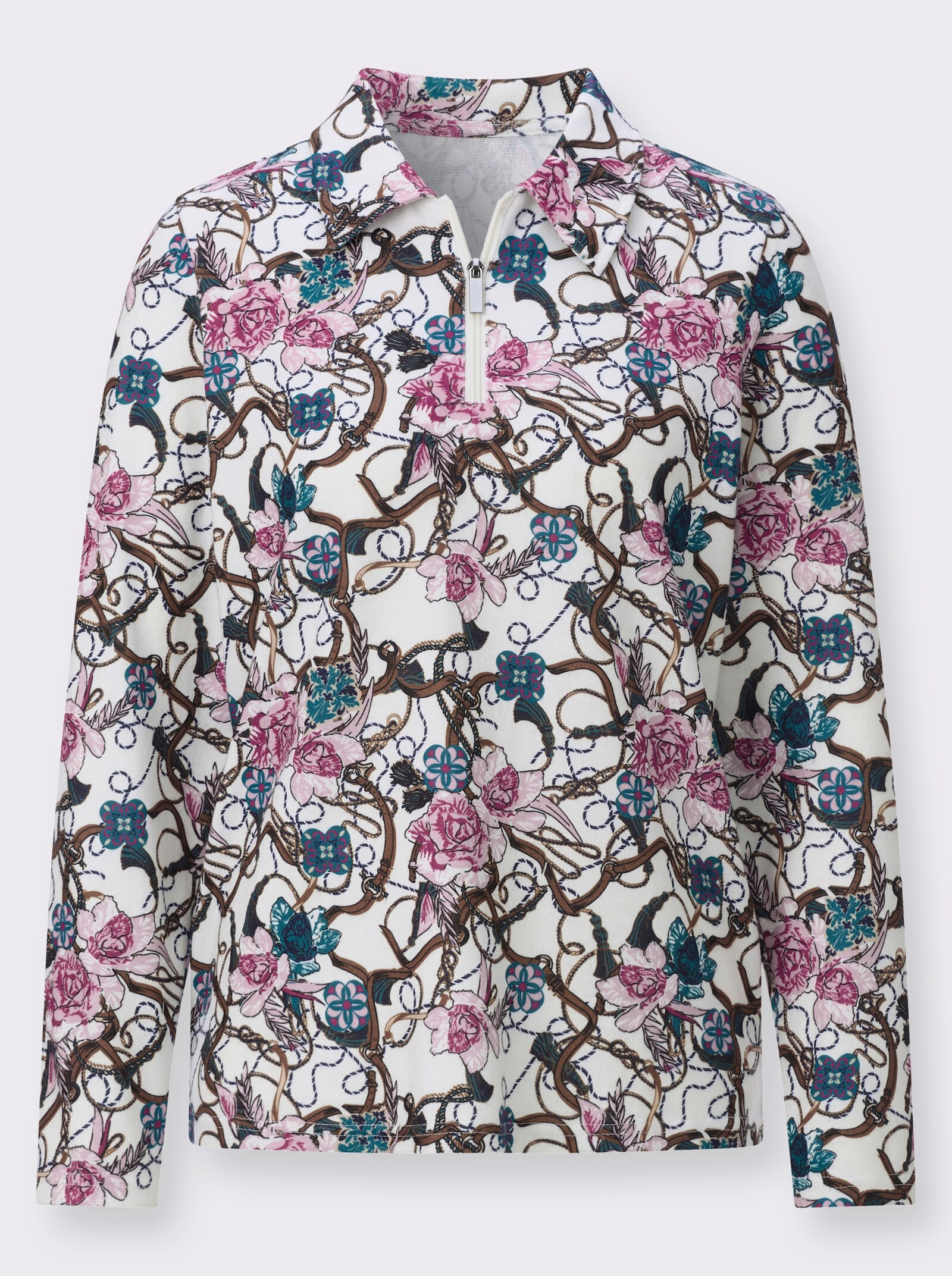 Poloshirt mit floralem Muster - ecru-rosé-bedruckt