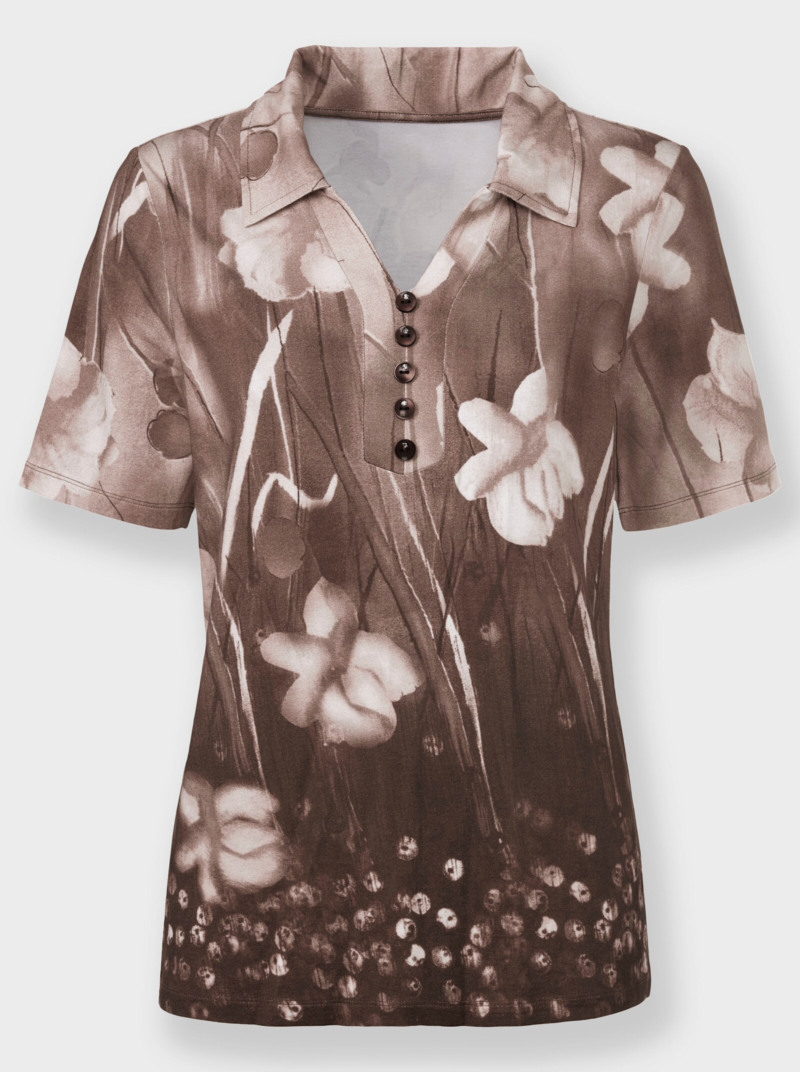 Poloshirt mit Blüten-Druck - taupe-ecru-bedruckt