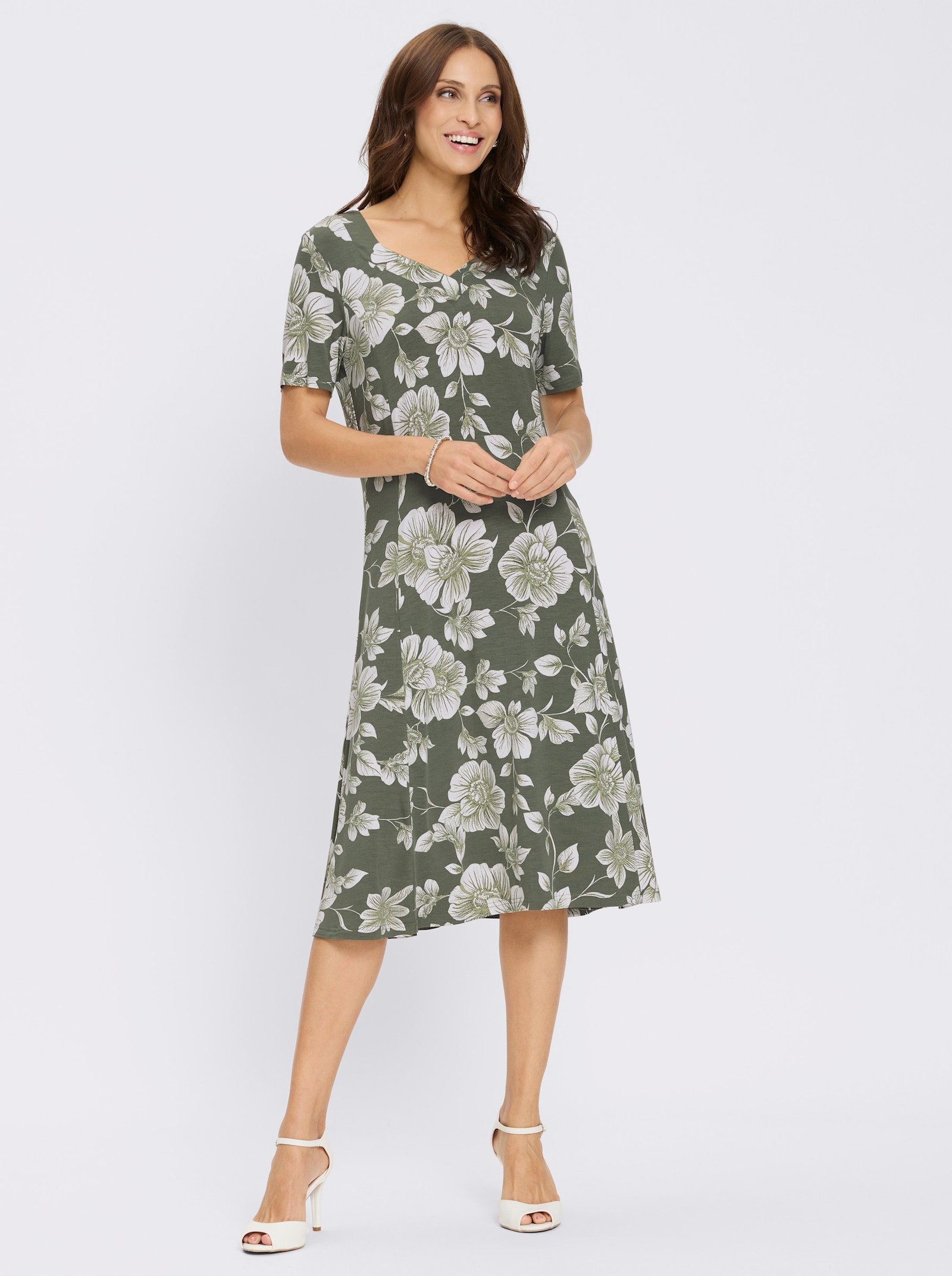 Jerseykleid in A-Linie - khaki-weiß-bedruckt
