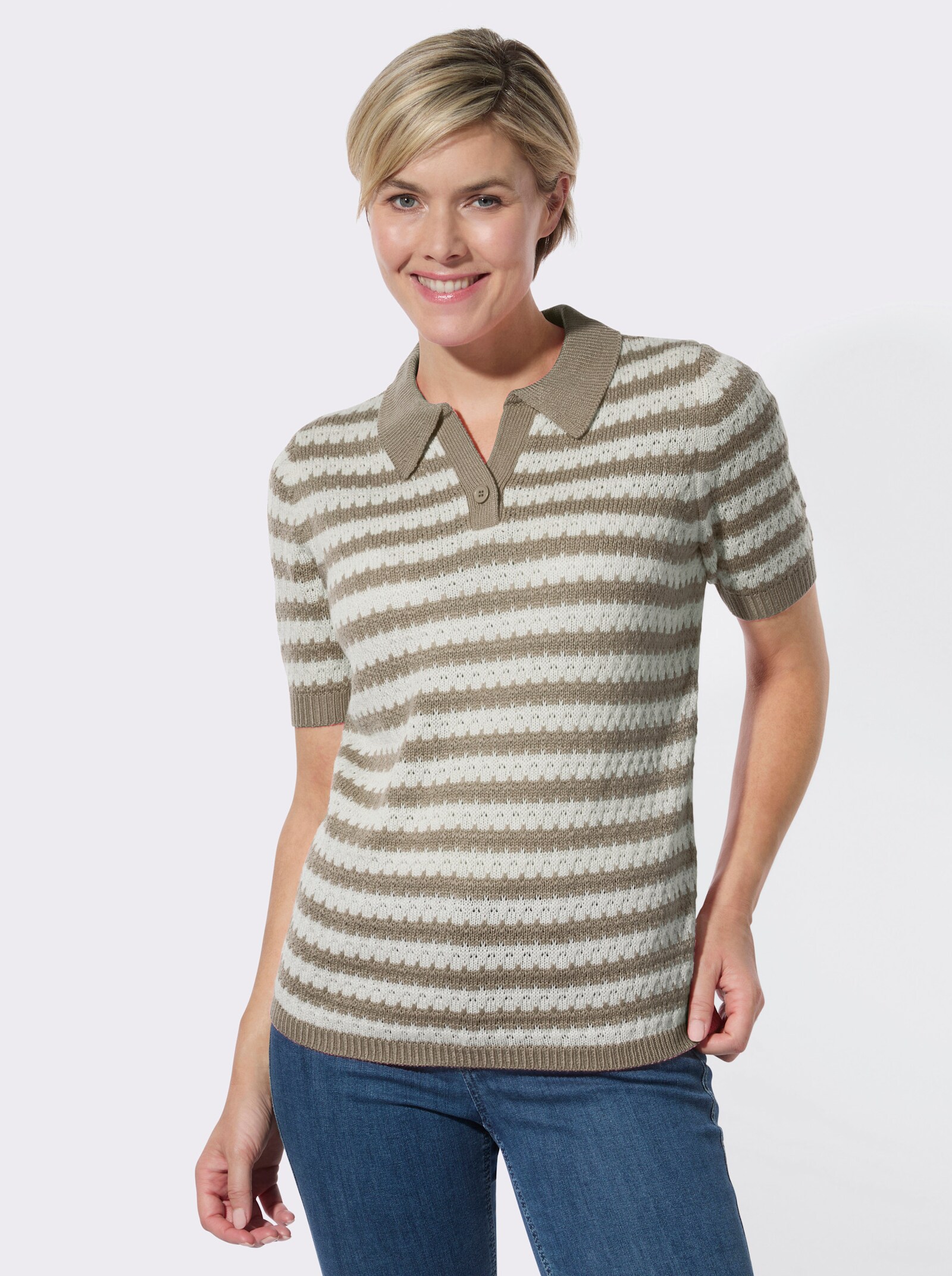 Polopullover mit Ajourmuster - schlamm-ecru-geringelt